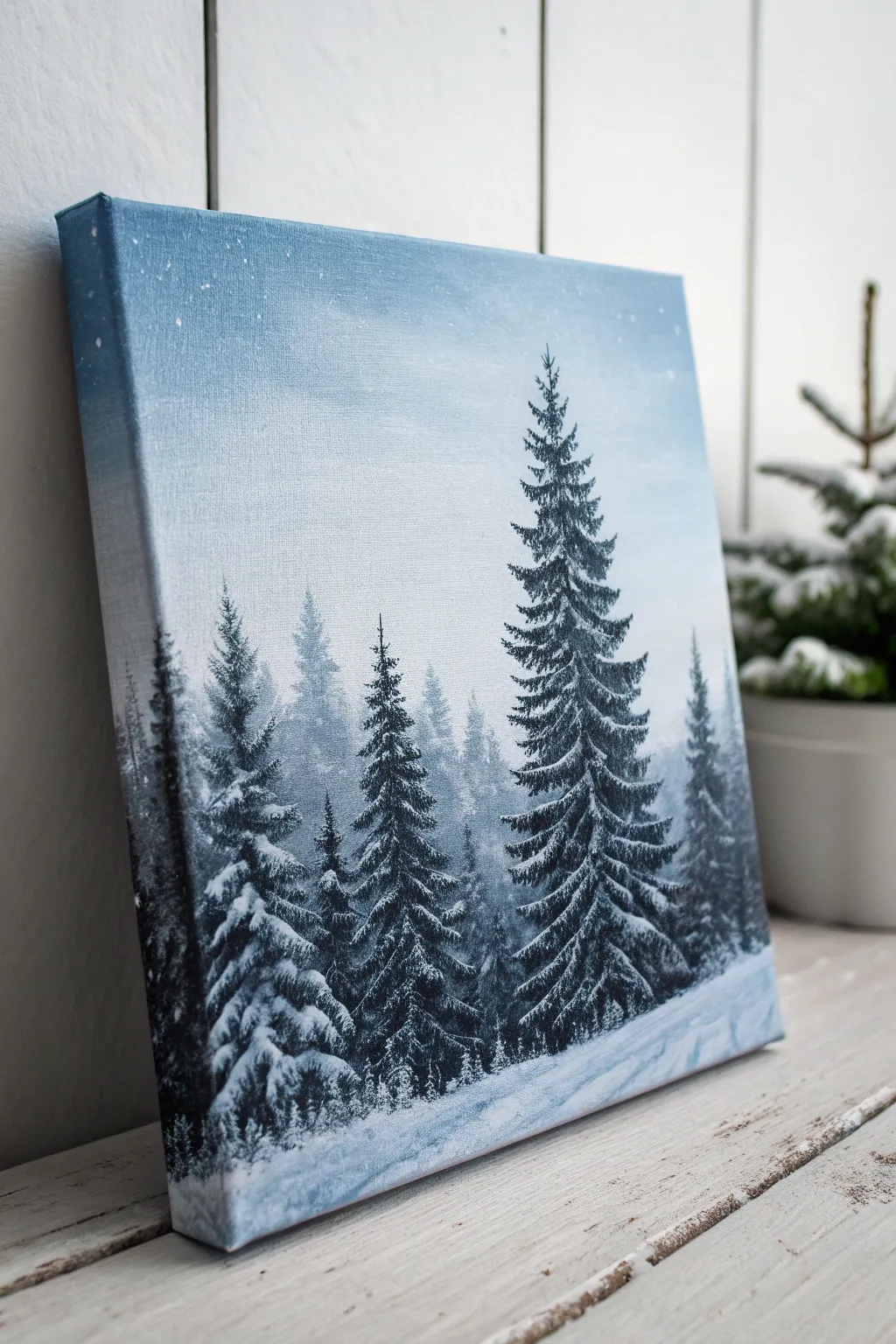 Minimal winter forest acrylic: dark evergreens, crisp snowy highlights, cool blue-gray sky contrast