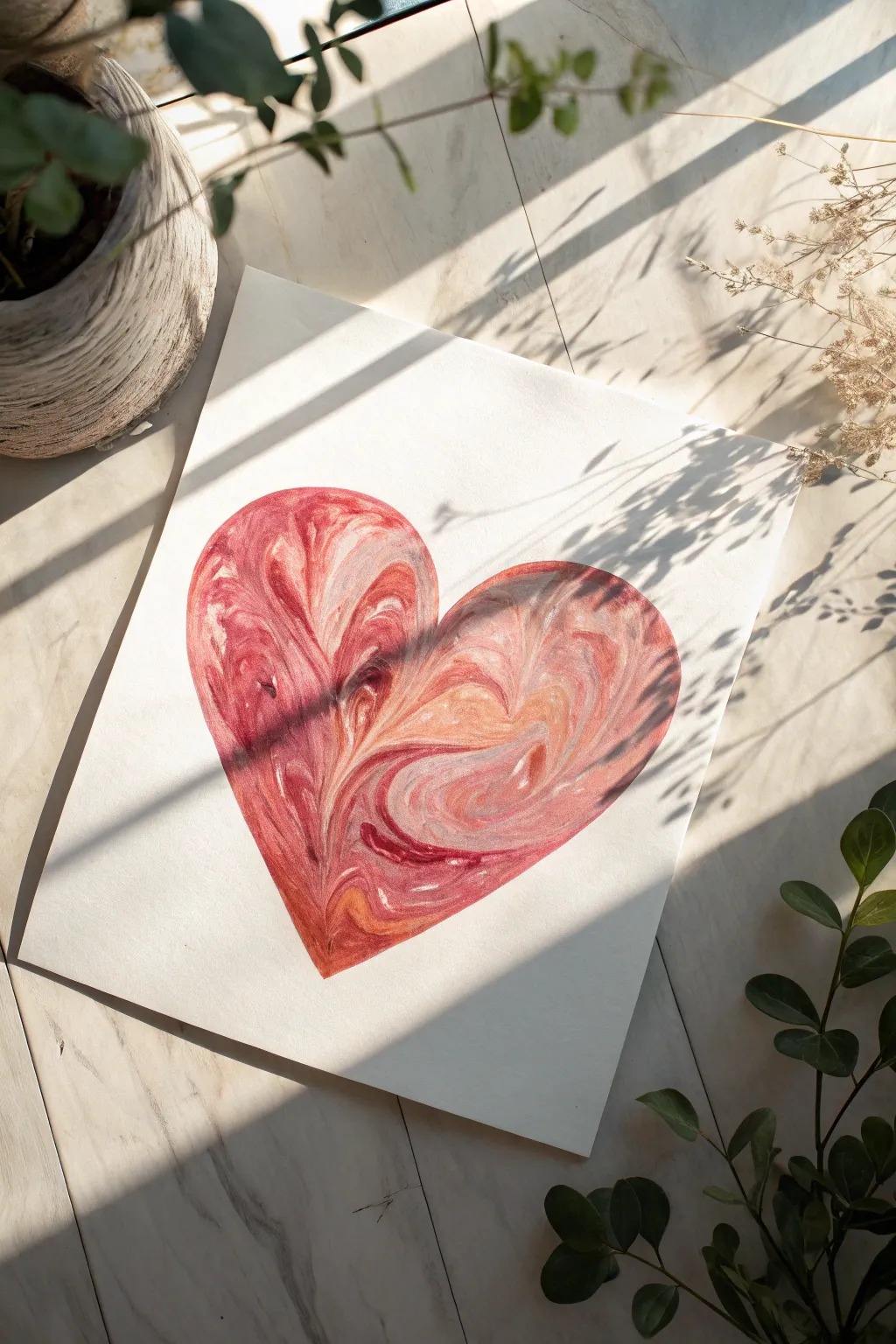 Marbled acrylic heart with plastic-wrap swirls in blush, rose, and terracotta on clean white paper