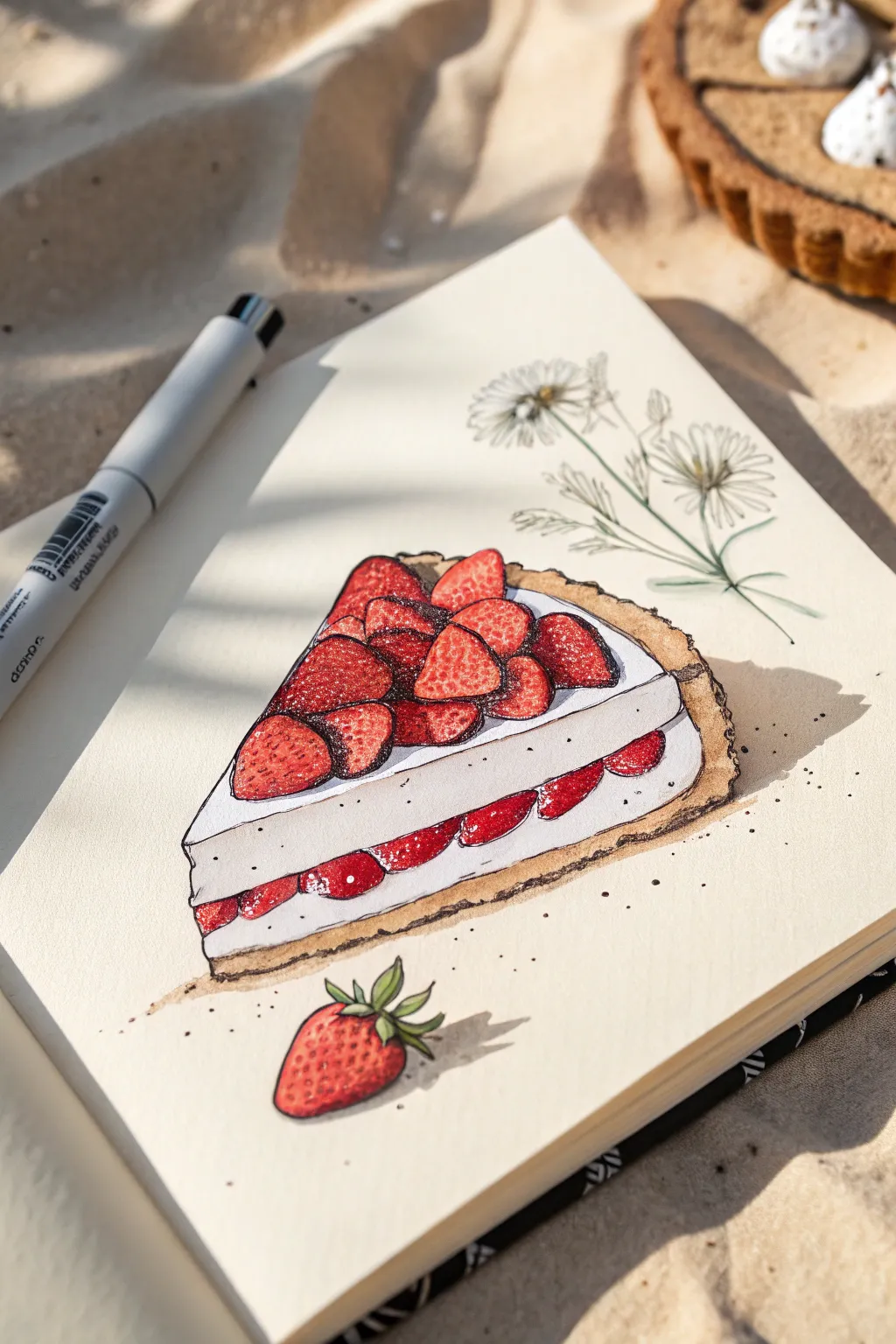Acrylic marker strawberry cake illustration with bold outlines and glossy white highlights, clean and cute