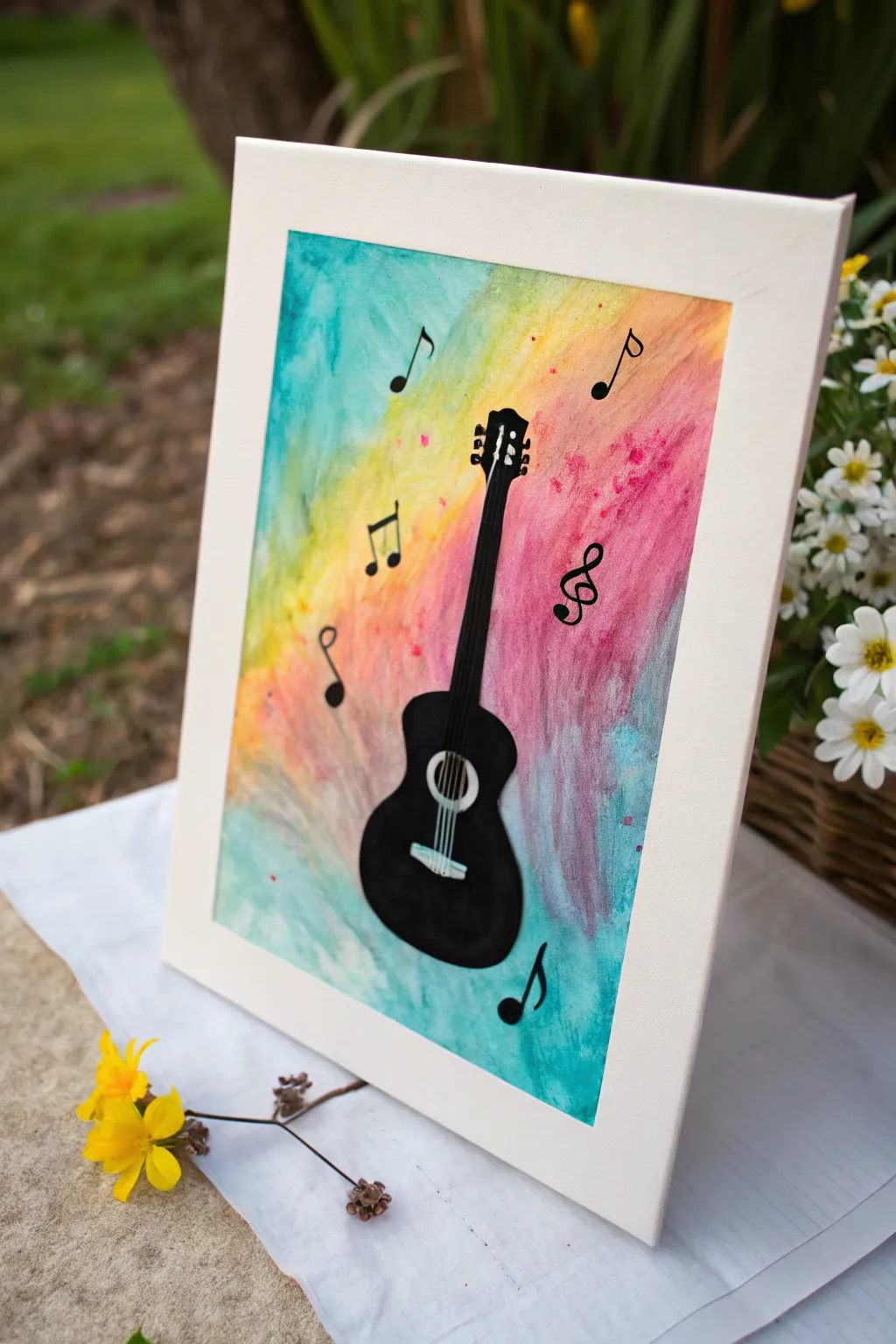 Neon acrylic wash meets bold black guitar silhouette for a modern, minimalist music painting idea