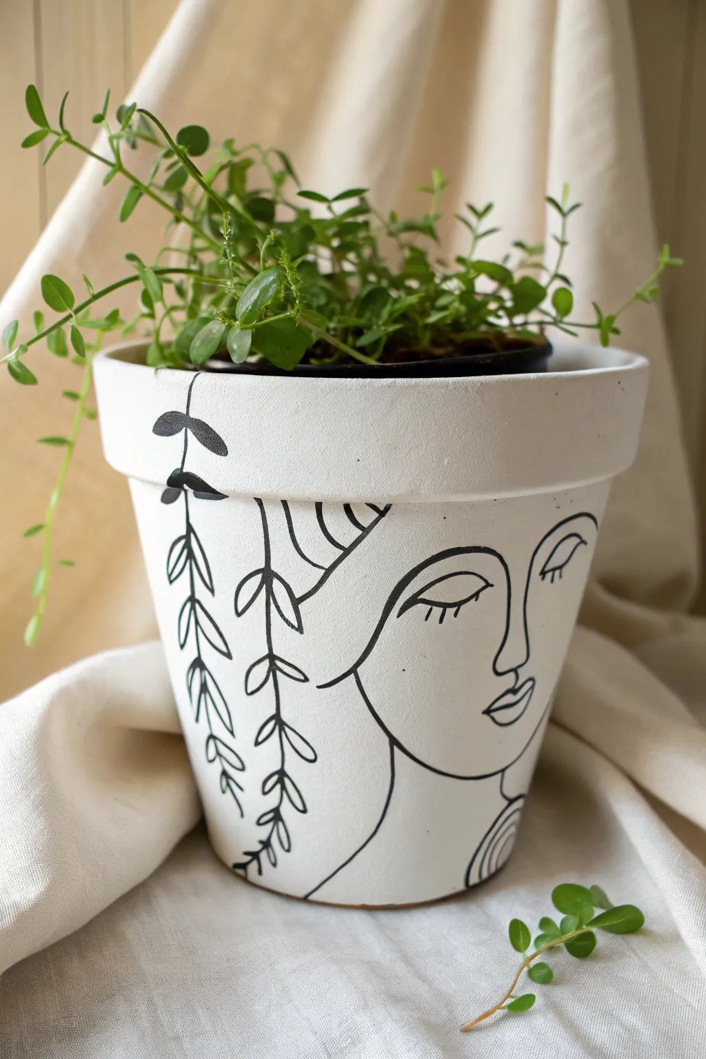 Minimal paint-pen line art turns a simple plant pot into chic Scandinavian boho decor.