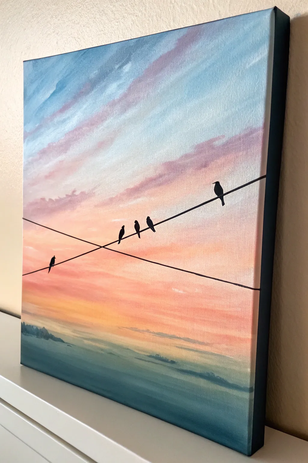 Minimal birds-on-a-wire silhouette acrylic painting with a dreamy gradient sky, calm Scandi-boho vibes.