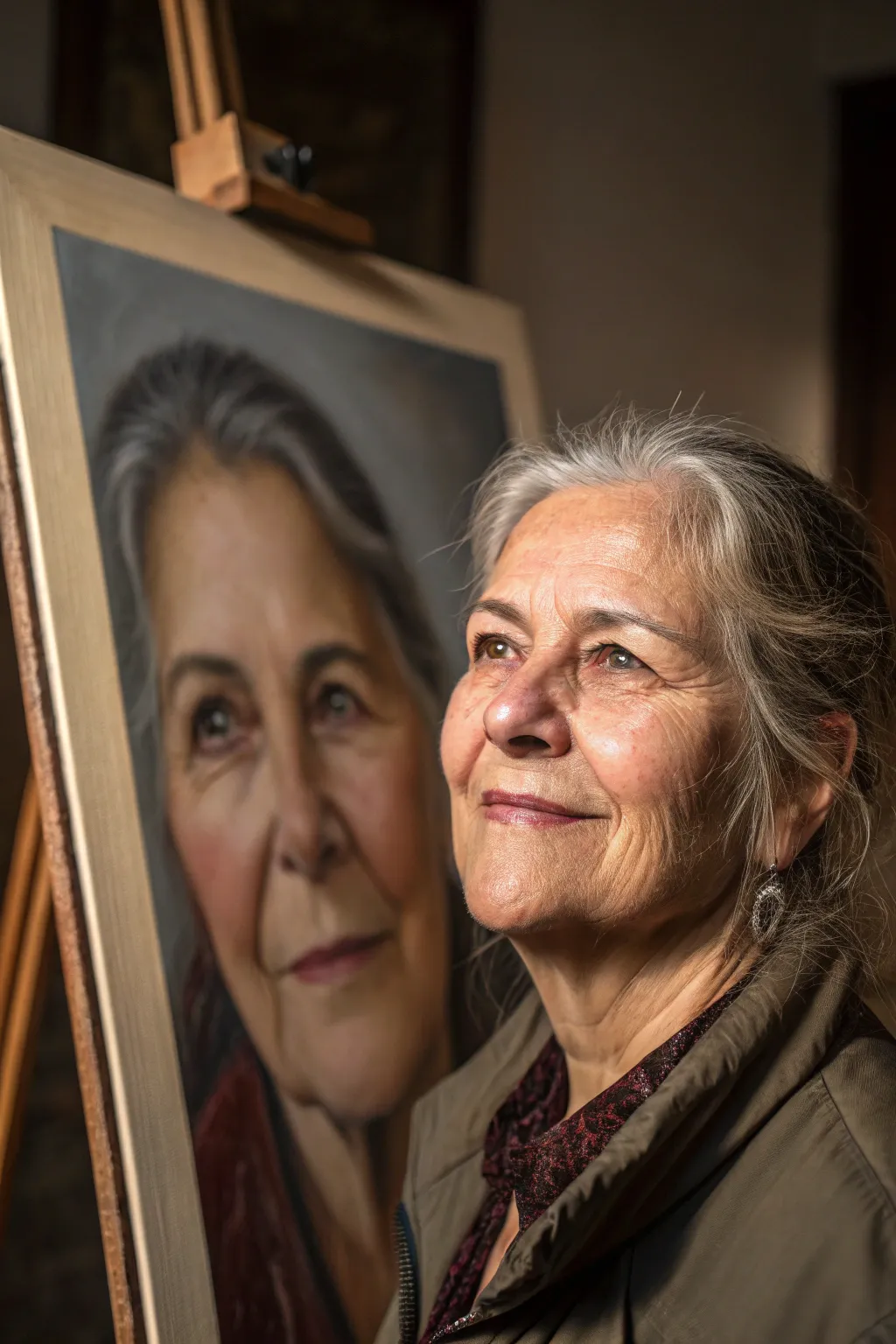Textured acrylic portrait of an older face, celebrating wrinkles and soft Scandinavian light