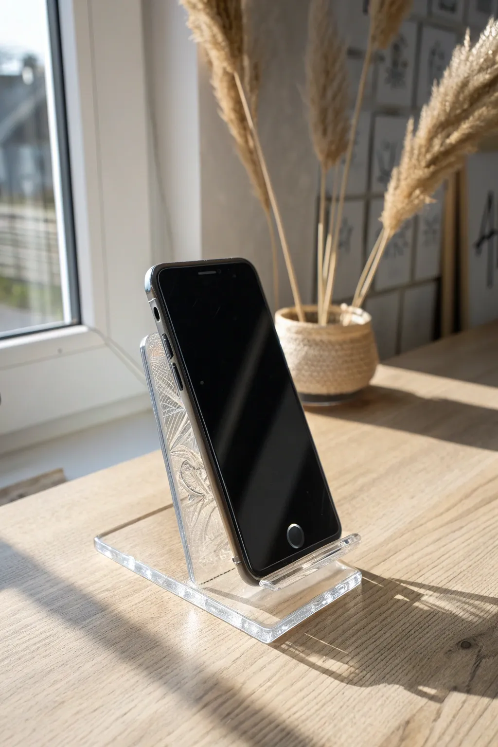 DIY slot-together acrylic phone stand idea with crisp clear edges on a cozy minimalist desk