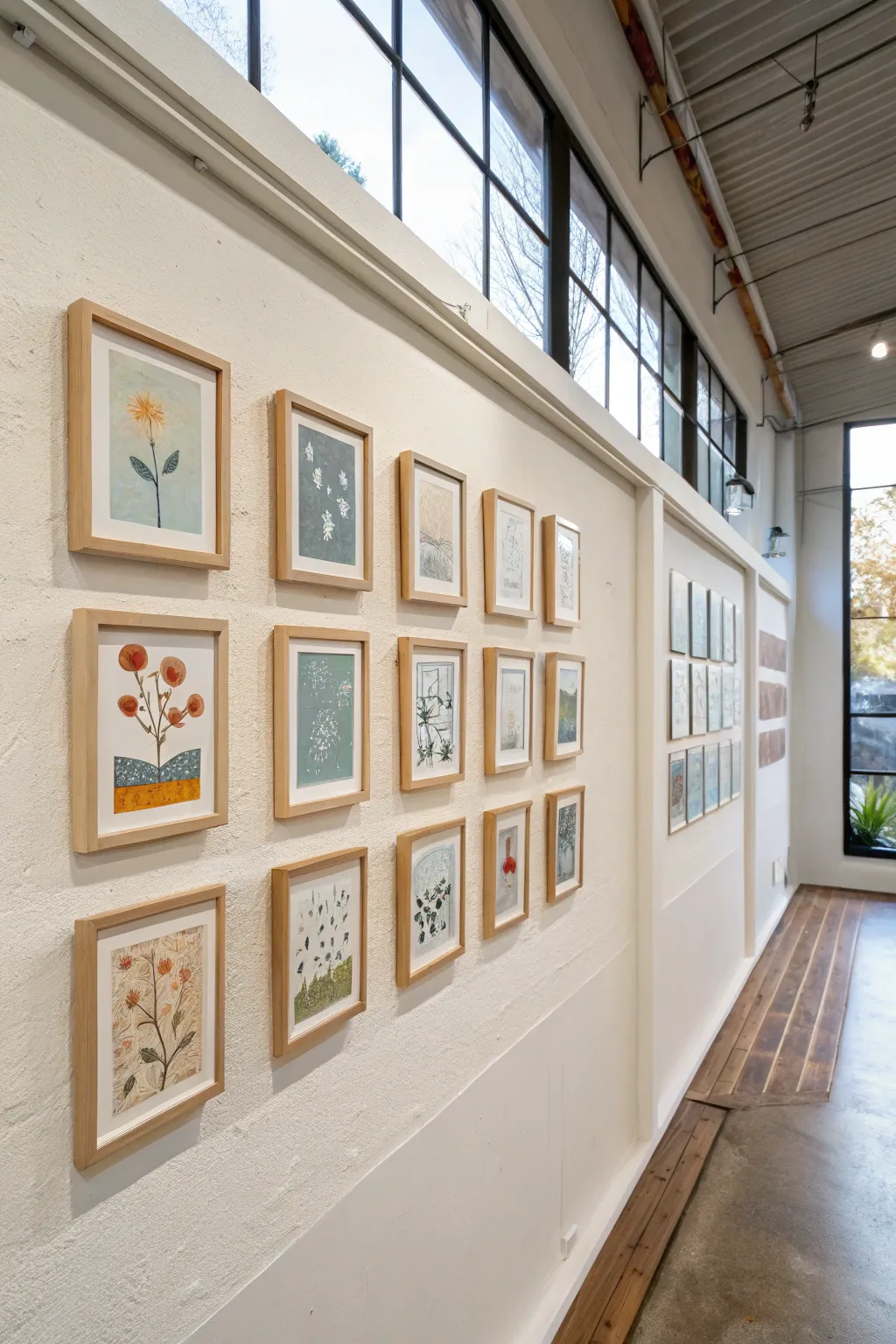 Tiny acrylic minis in a clean grid create a calm Scandinavian gallery wall with boho warmth.