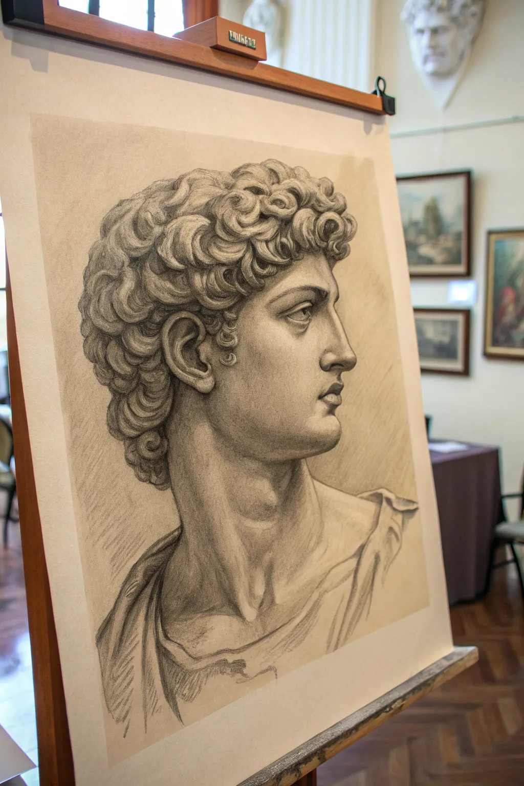 Curly hair volume study in graphite: bold hair masses, sparkling flyaways, clean minimalist aesthetic.