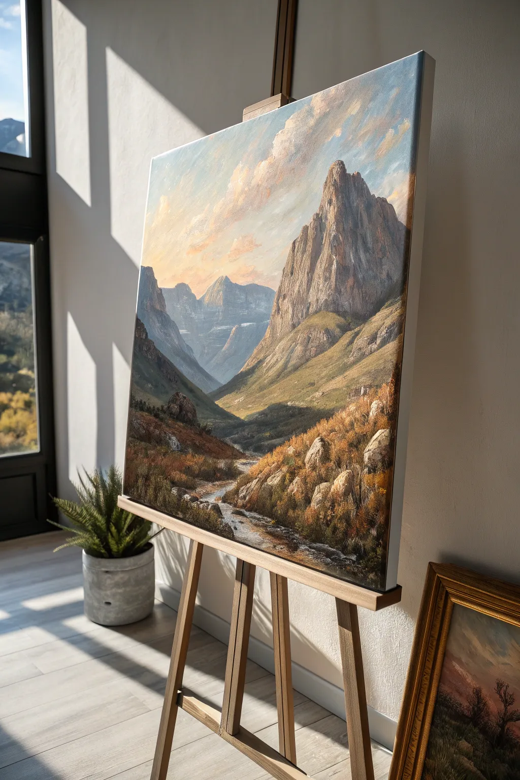 Palette knife impasto landscape with bold ridges and side light, minimal Nordic boho mood