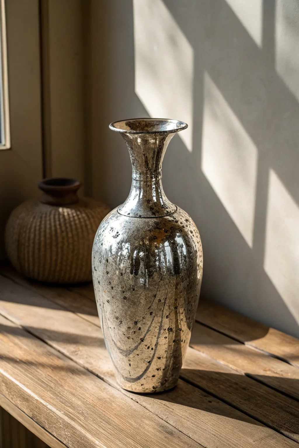Vintage mercury-glass speckles in moody side light for chic, minimal glass painting inspiration