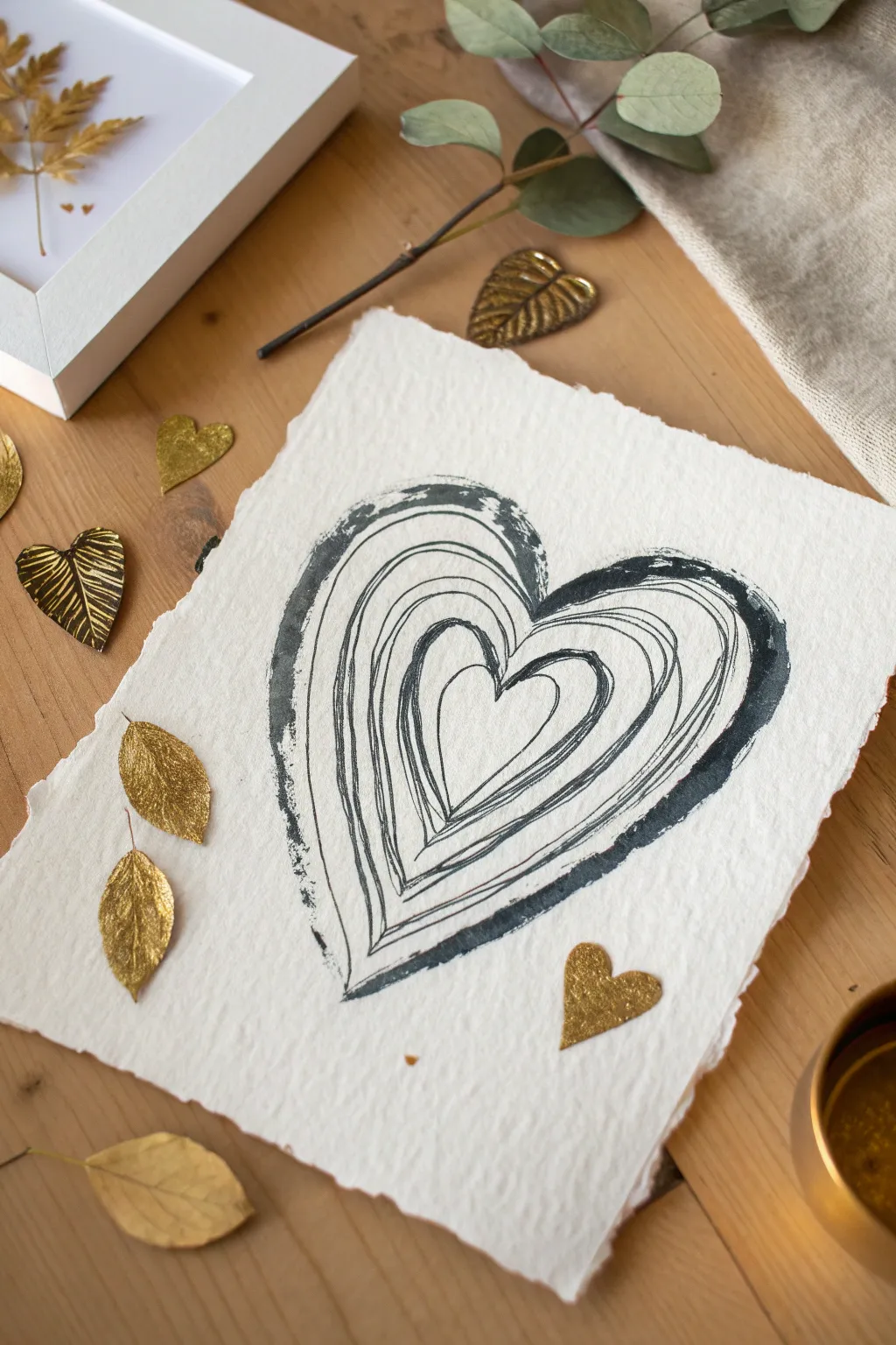 Sketchy abstract heart scribbles with delicate gold accents, minimalist boho elegance.