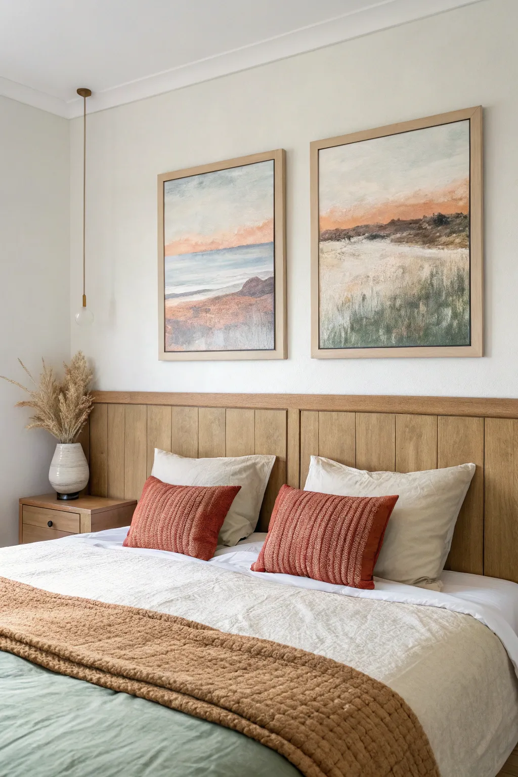 Color-paired diptych above the bed, tying linen bedding into a calm Scandinavian palette.