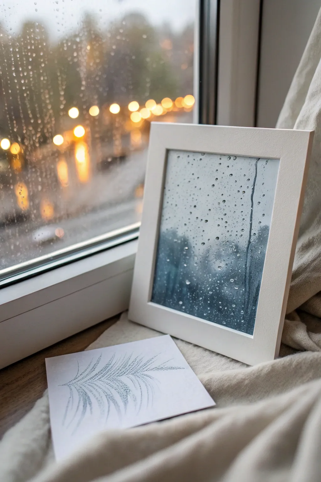 Paint a cozy rainy window with cool washes and warm bokeh lights for instant hygge mood.