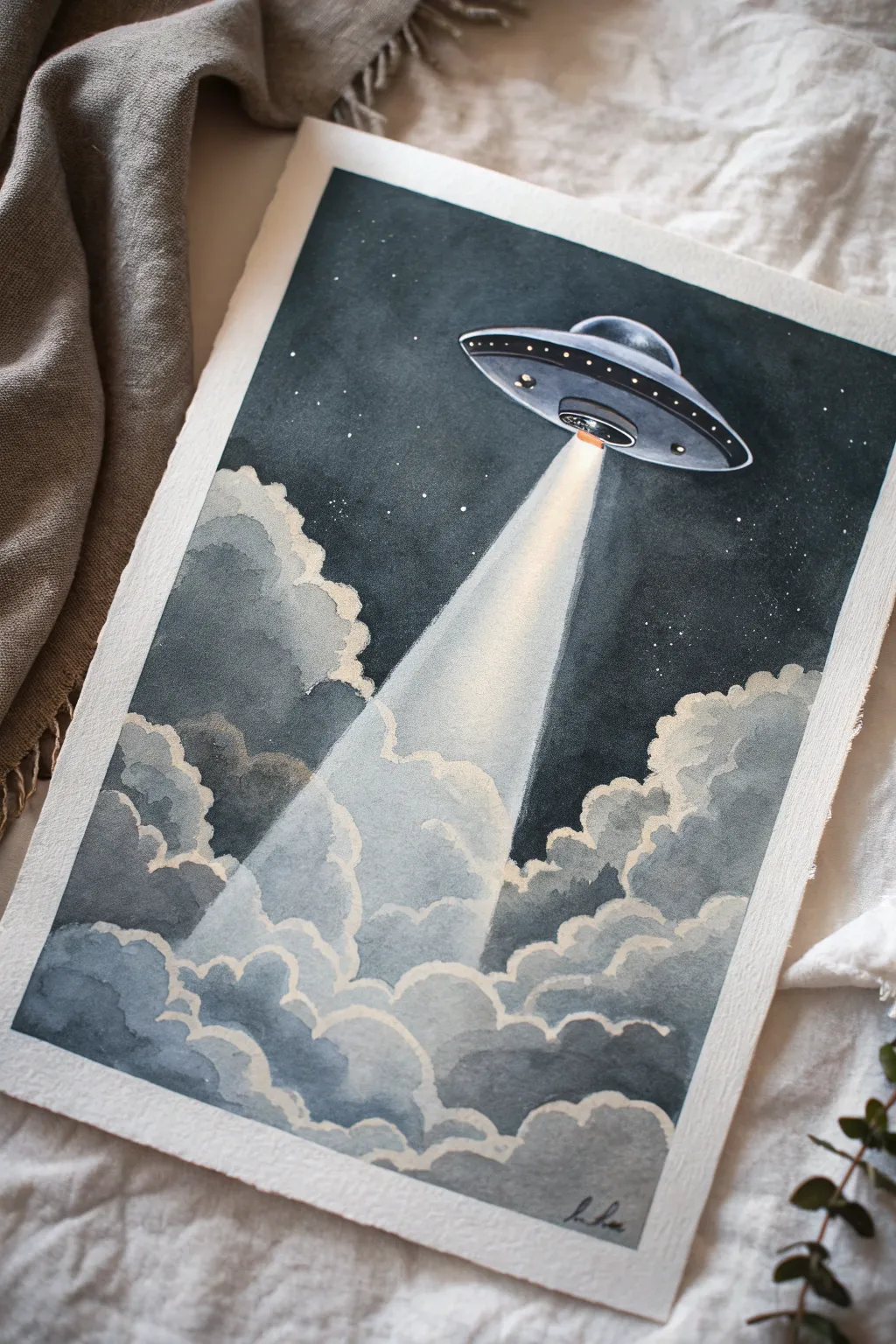Minimal UFO in misty clouds, with a bold spotlight beam for dreamy alien painting inspiration.