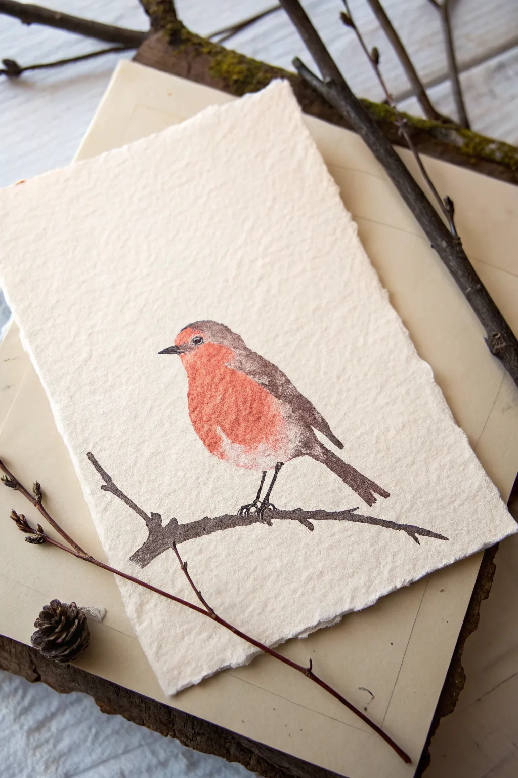 Sweet minimalist bird on a branch with one pop-color chest, an easy idea for beginner painters