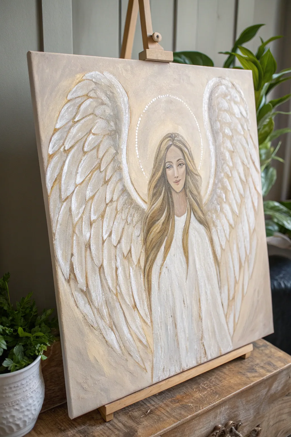 Faceless angel with cascading, textured hair flowing into wings in minimalist boho style.
