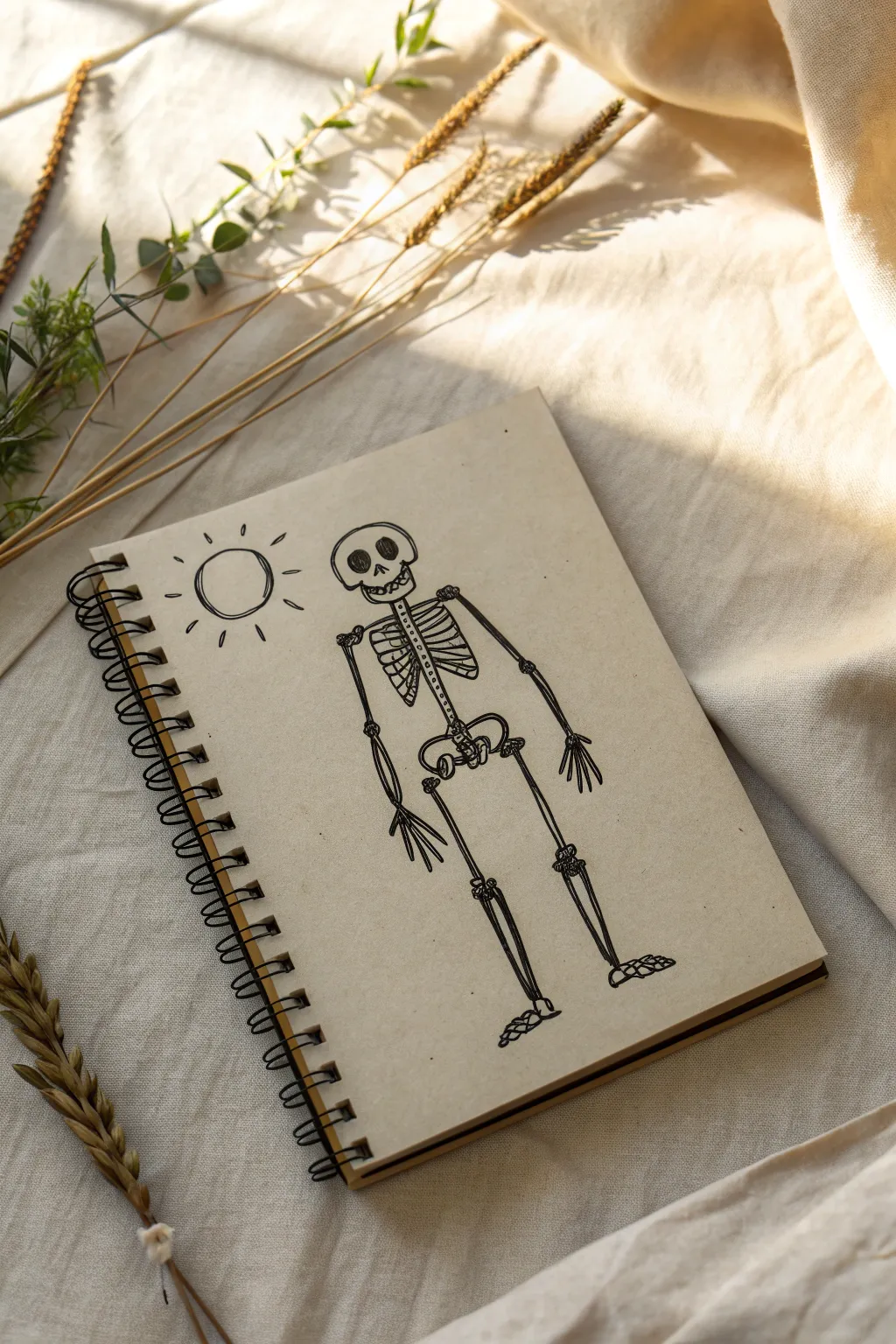 Spooky-cute skeleton suit sketch with bold bones and a friendly centered skull face