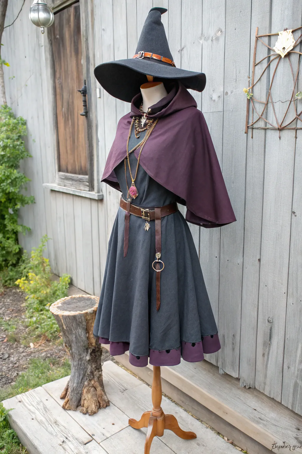 Modern witch street-fantasy anime outfit: cape, wide-brim hat, layered skirt and charms.