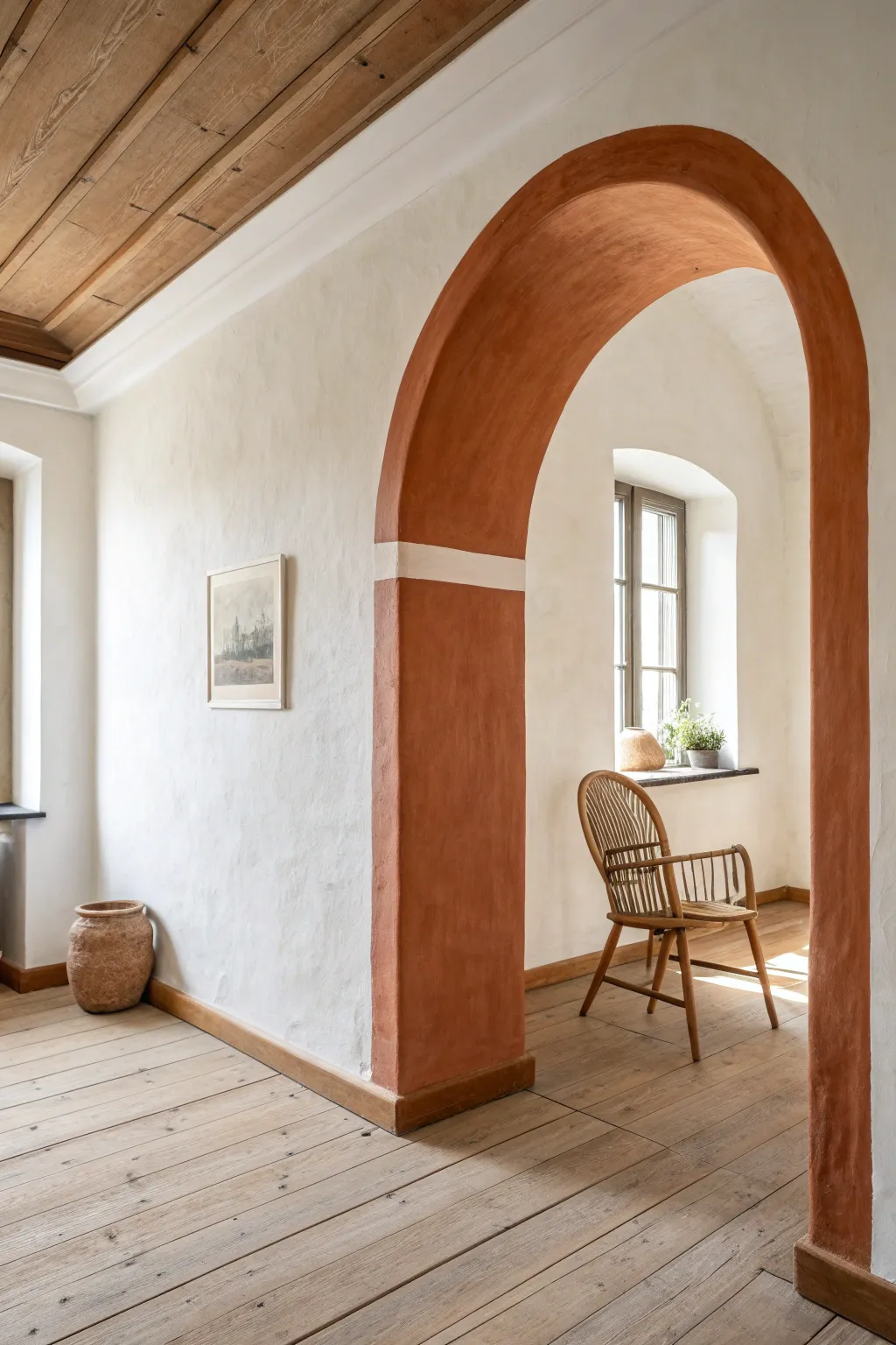Corner-wrapping painted arch frames a reading chair, creating a cozy minimalist nook.