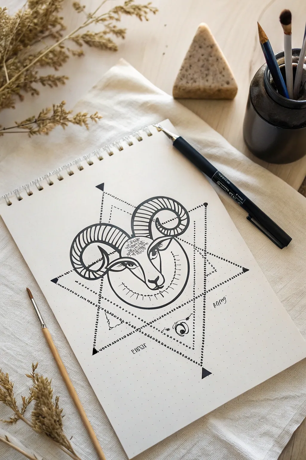 Minimal geometric Aries badge drawing in crisp black ink on textured paper, Scandinavian boho vibe
