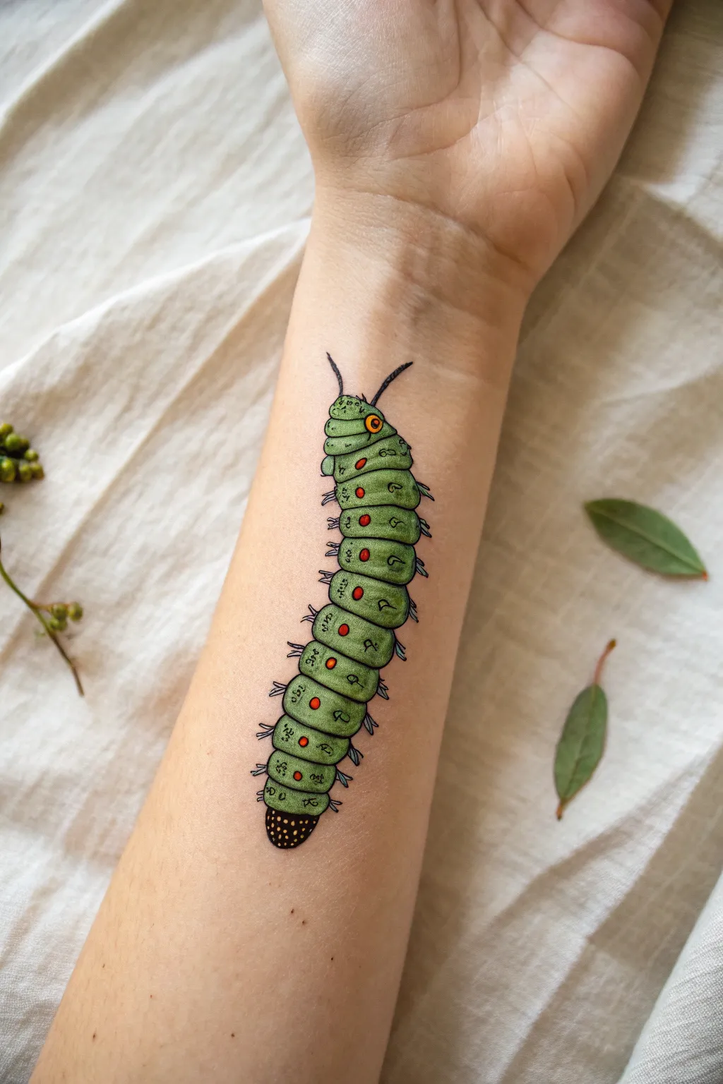Easy cute caterpillar forearm paint with simple leaf stops, minimalist Scandinavian boho vibe