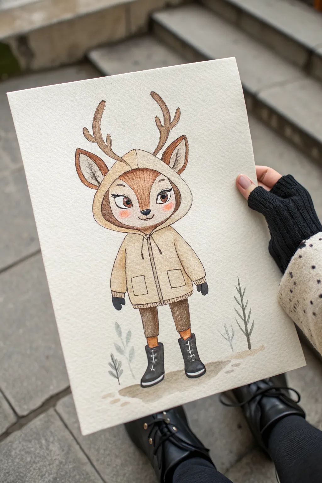 Cozy animal-hybrid in everyday streetwear, minimalist boho palette, clear silhouette and charm