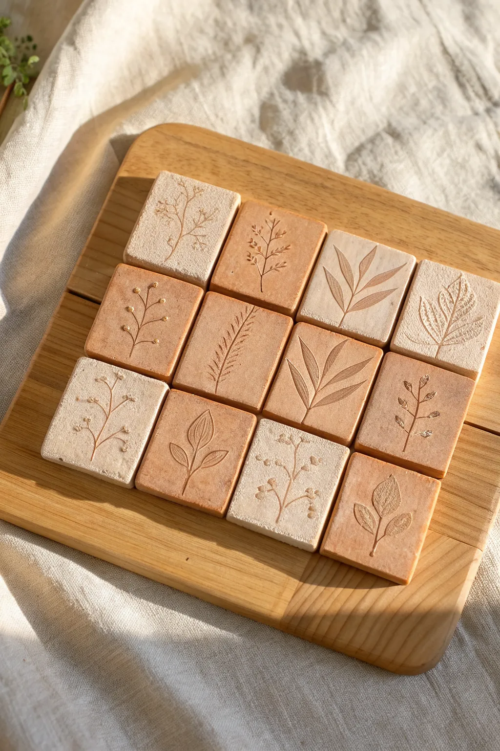 DIY clay texture tiles with leaf imprints and patterns, ready to become a shared wall grid.