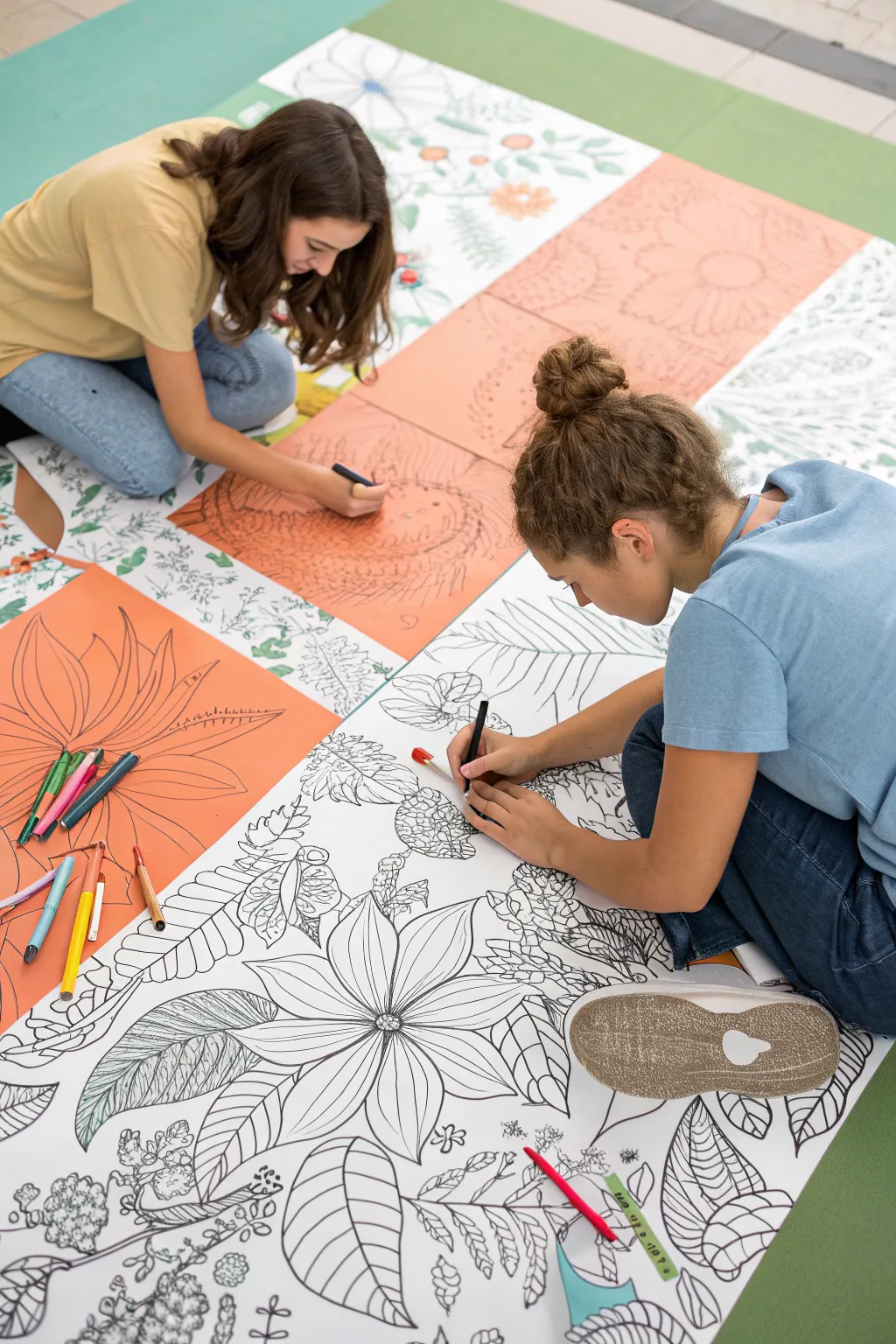 Art collab made easy: one giant coloring-page mural pieced together, colored by many hands