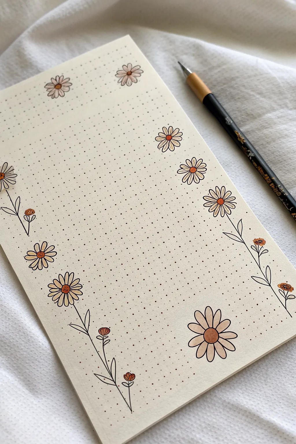 Minimal flower burst doodle tiles in black ink and terracotta, cozy Scandinavian pattern vibe