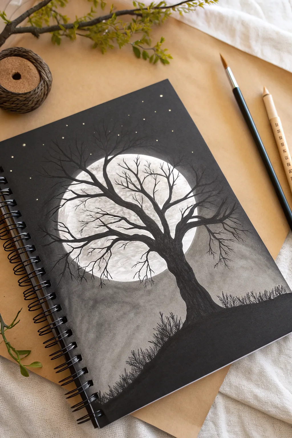 Easy pencil art: dramatic tree silhouette in front of a glowing full moon, minimalist and calm