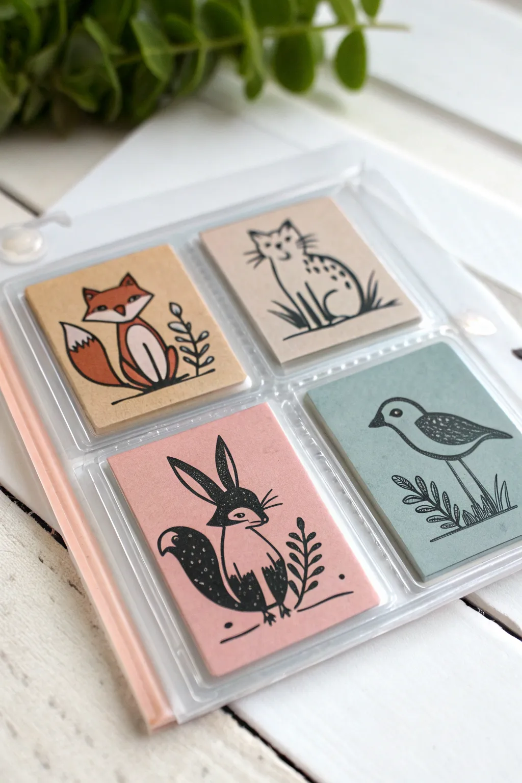 Mini animal artist trading cards with bold outlines, neatly sleeved in a calm Scandinavian setup