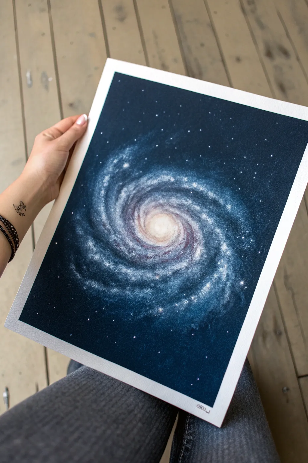 Spiral galaxy swirl in ink and watercolor, a calm minimalist astronomy sketch to try