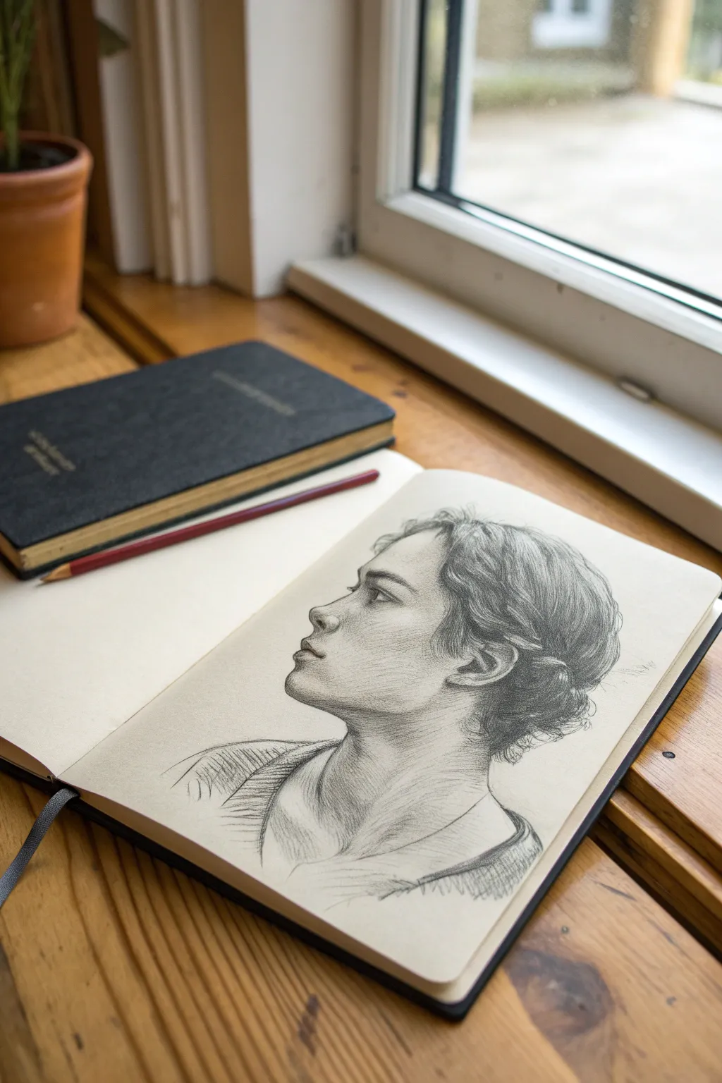 Turned-head portrait sketch using hair mass and a dark block to create asymmetrical balance