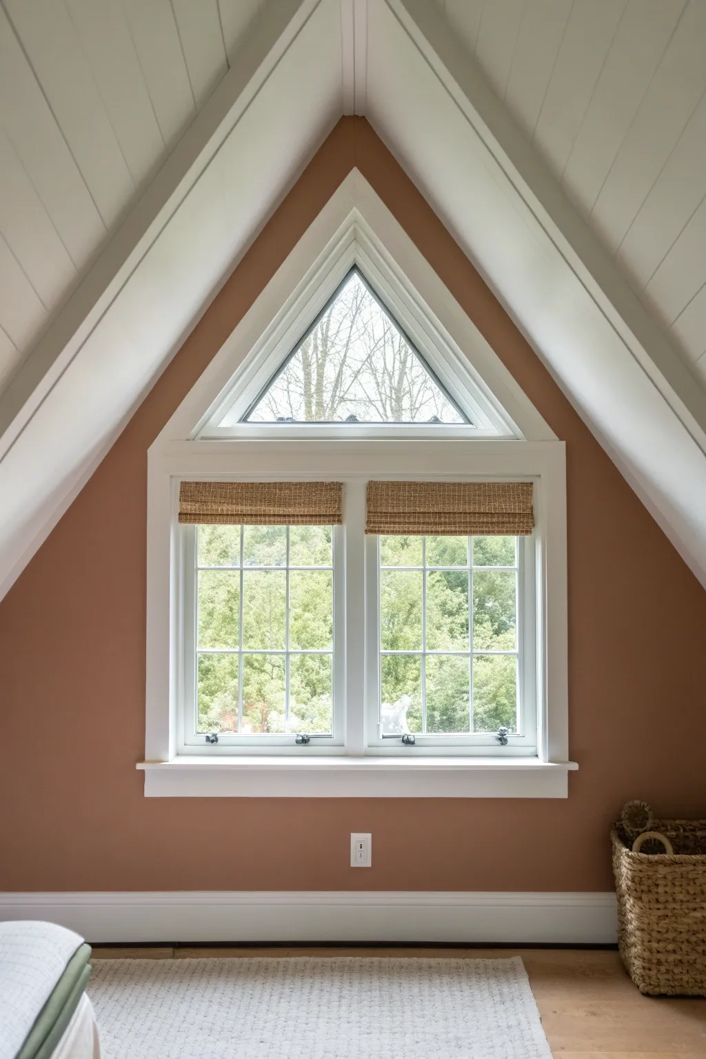 Crisp white trim frames the gable geometry, adding contrast and calm structure to attic color.