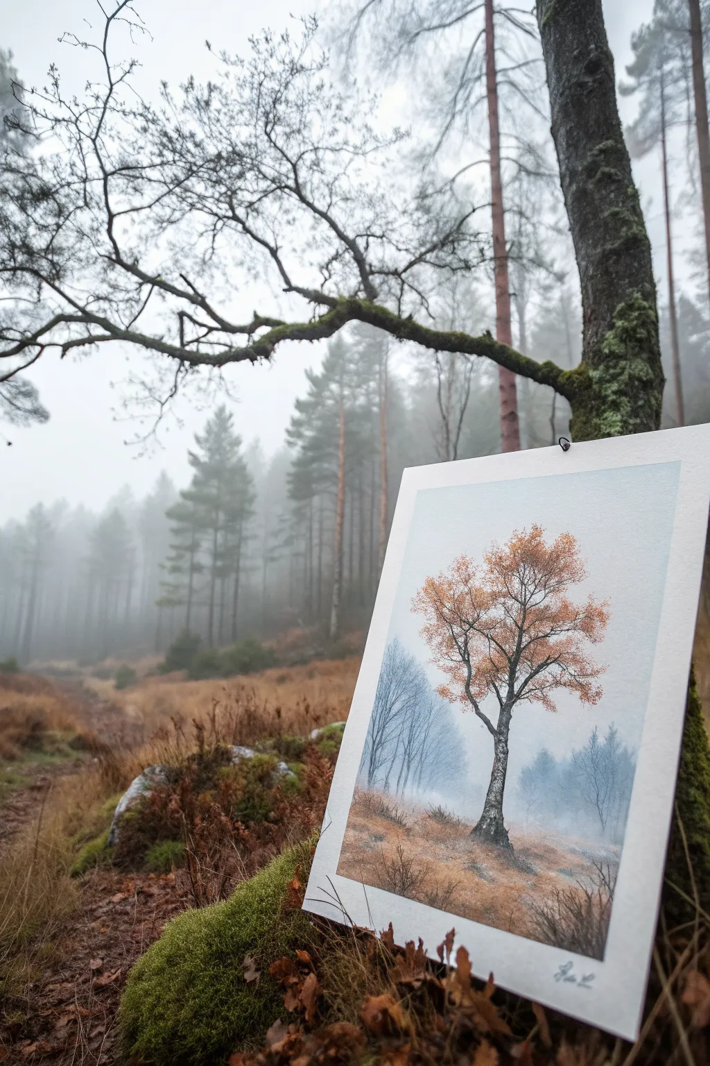 Paint misty forest layers with bold autumn branches fading into soft morning fog.