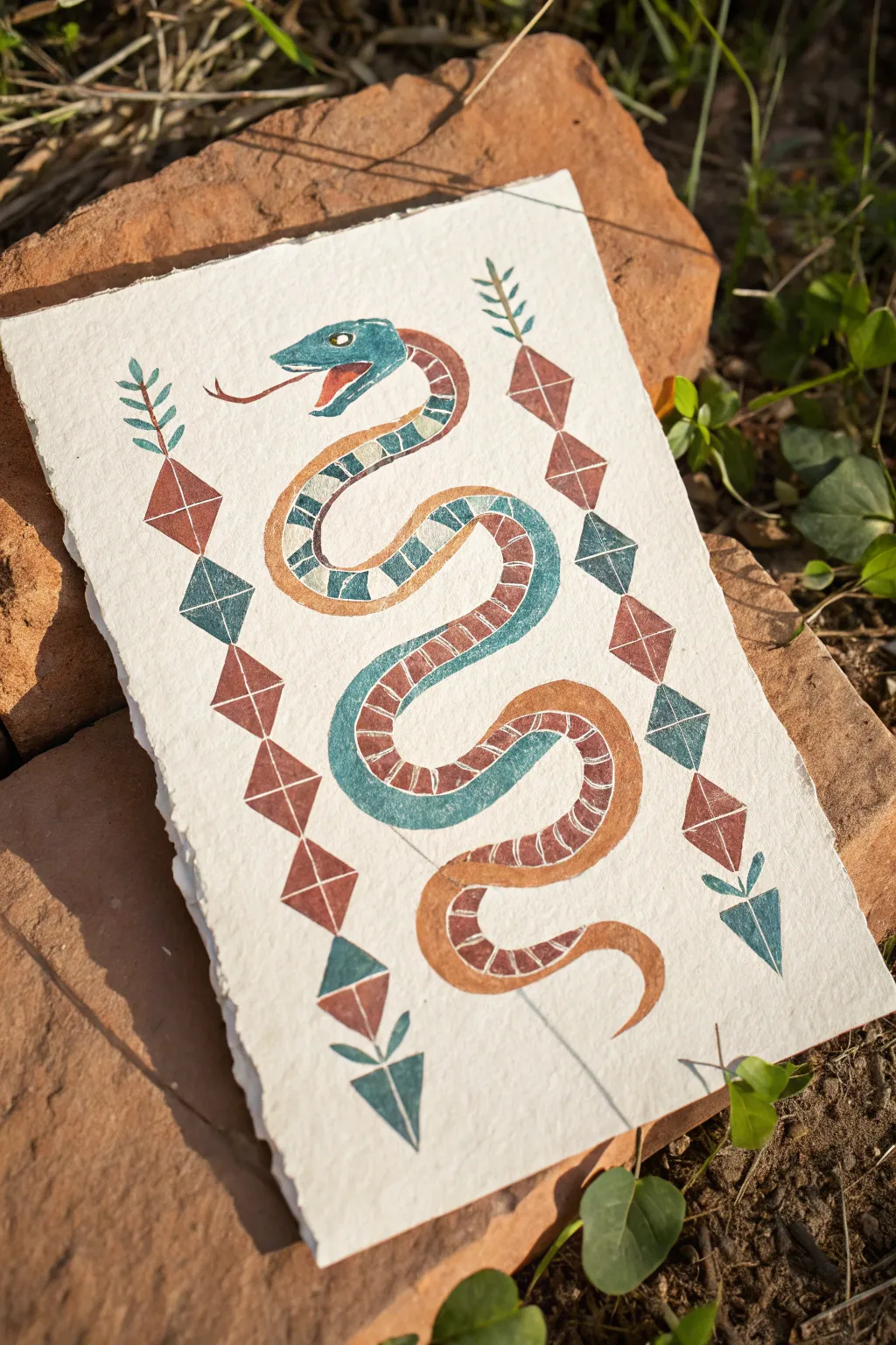 Aztec serpent built from geometric scales, earthy neutrals plus turquoise, minimal boho vibe