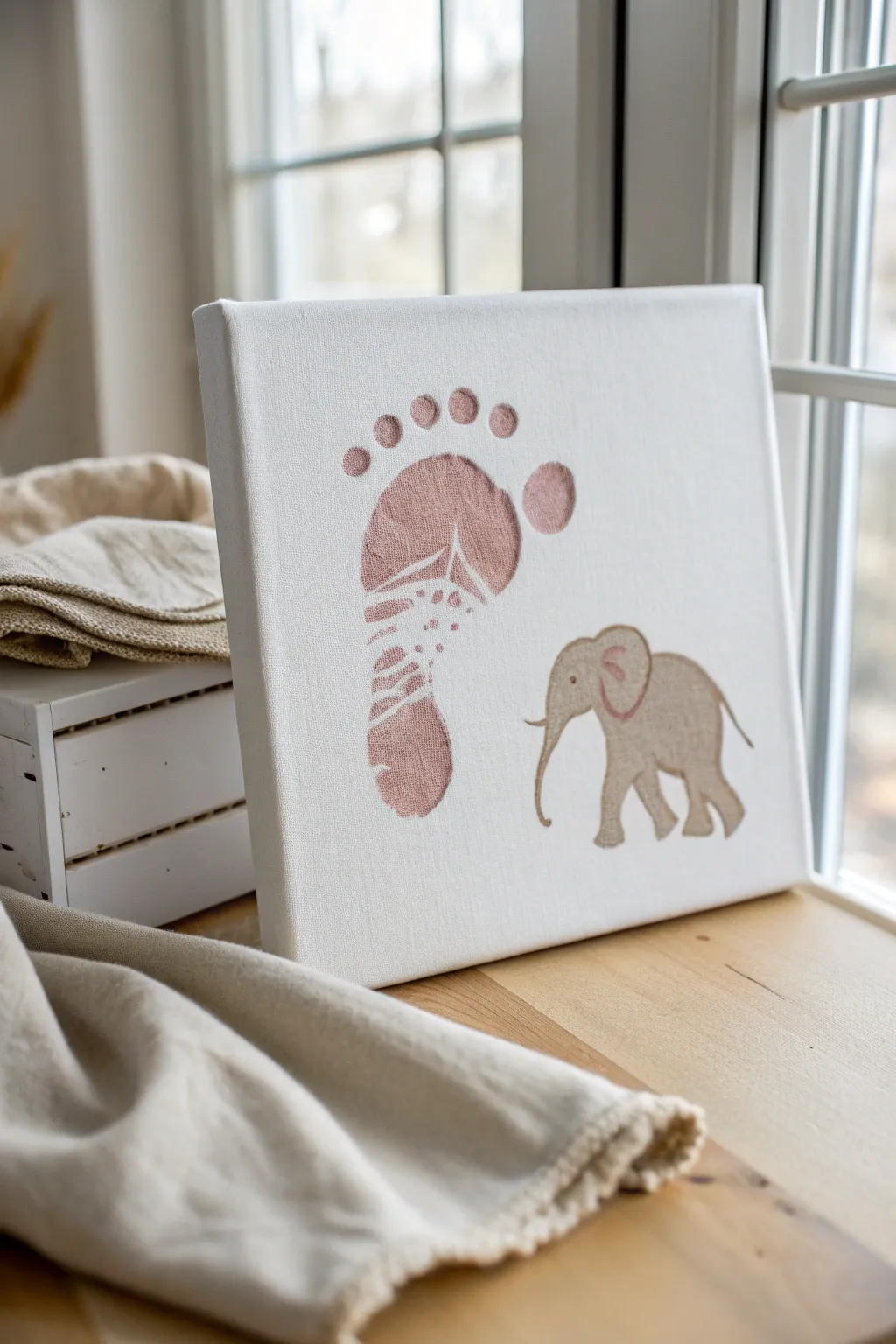 Baby footprint elephant canvas art in soft nursery tones, minimal, cozy, and high-contrast.