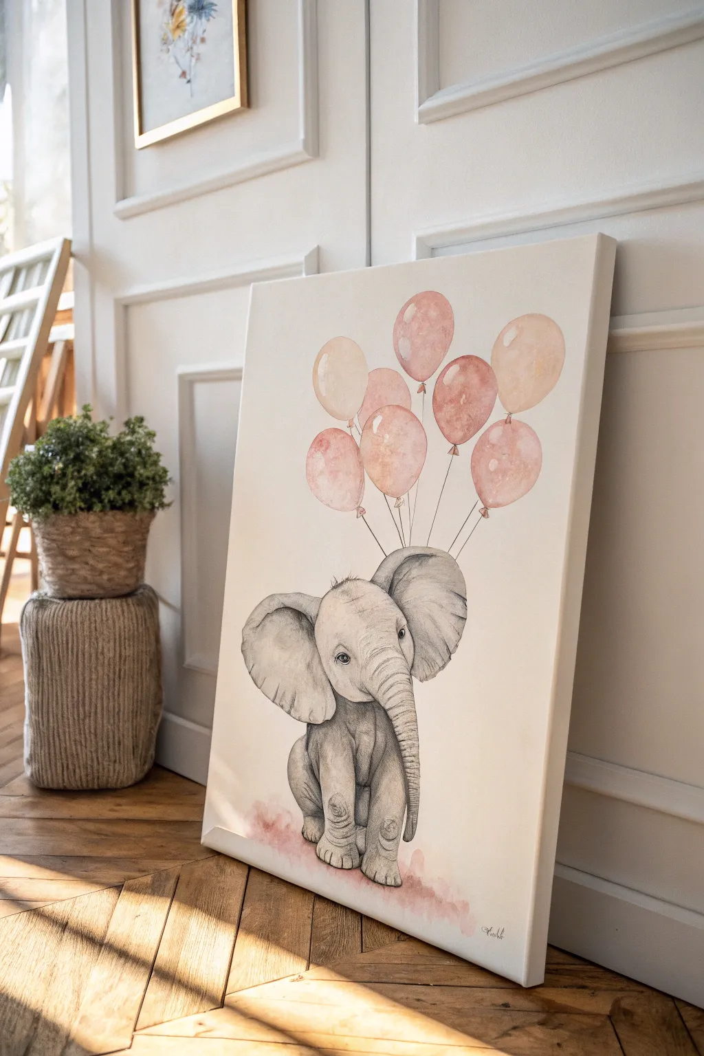 Sweet baby elephant and pink balloons canvas painting idea for a soothing baby girl nursery