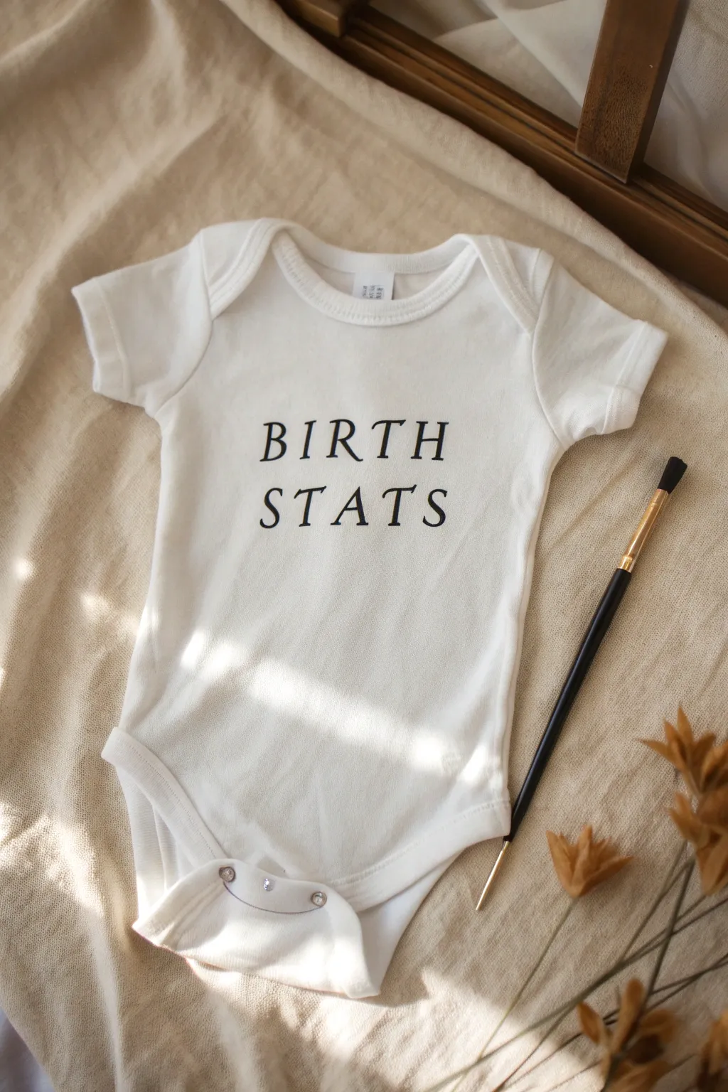 Minimal birth-stats typography onesie with crisp hand lettering for a modern keepsake