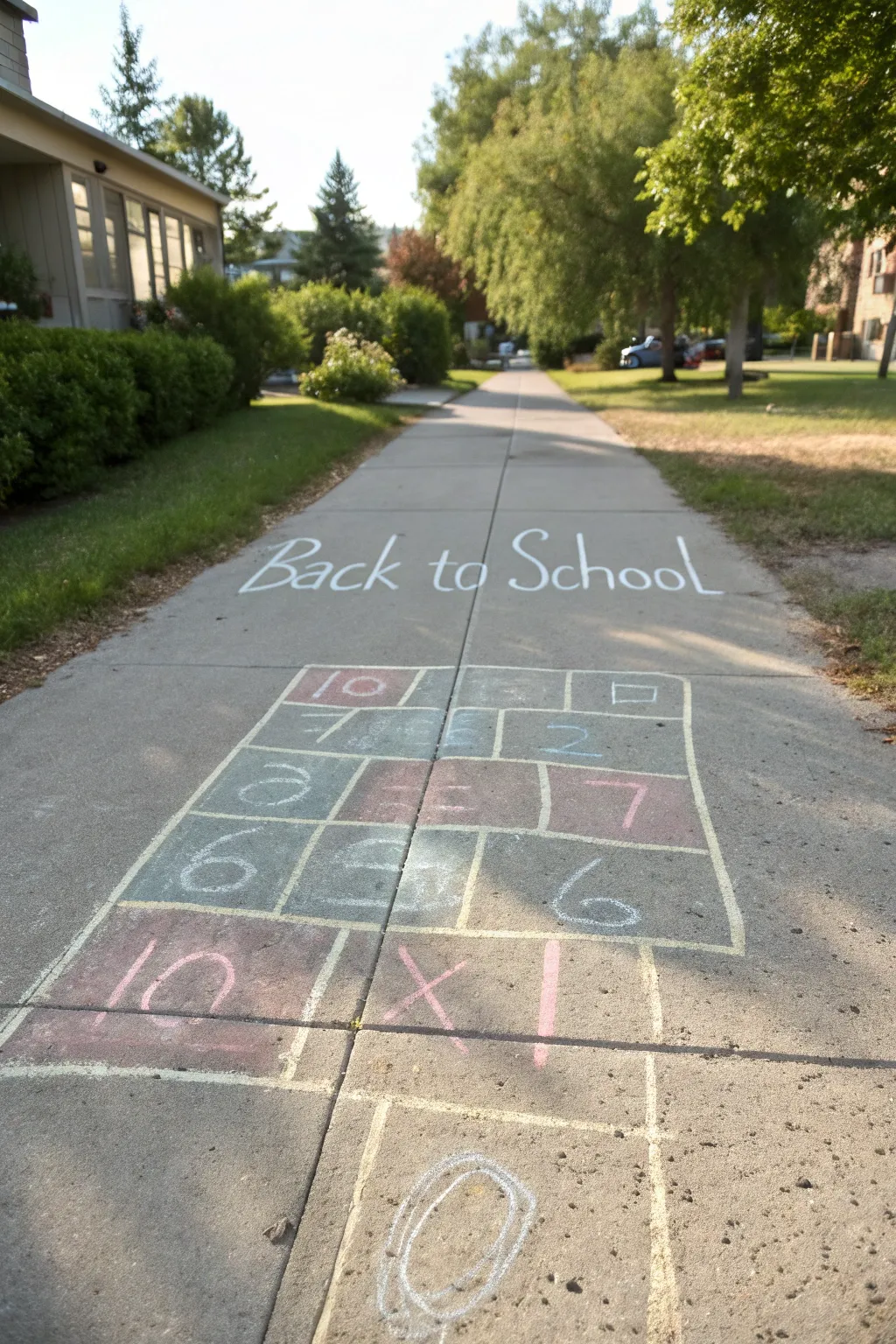 Playful chalk hopscotch with school words in soft boho pastels, shot perfectly from above.