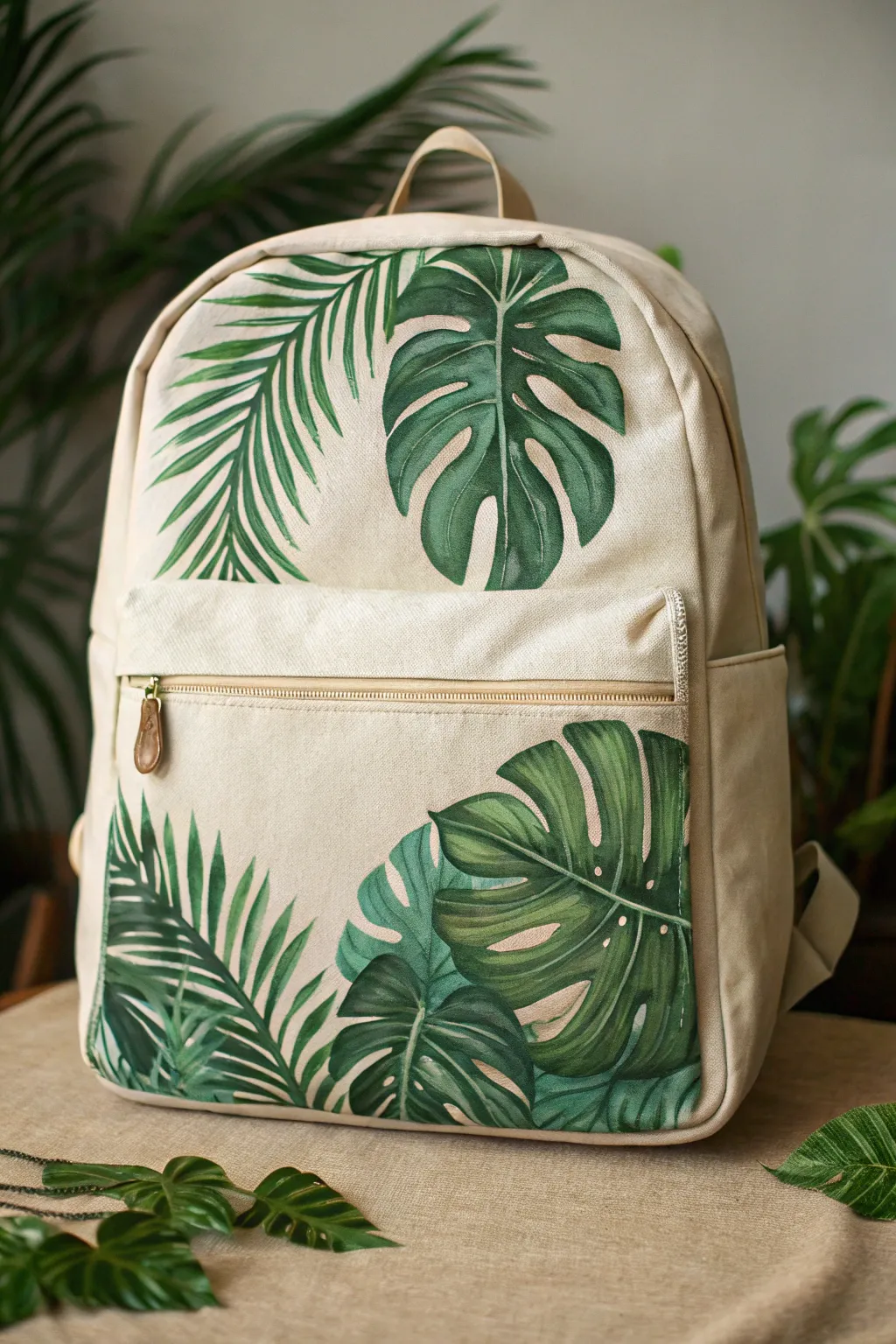Tropical leaf border backpack painting idea with layered greens and a clean, modern minimalist center