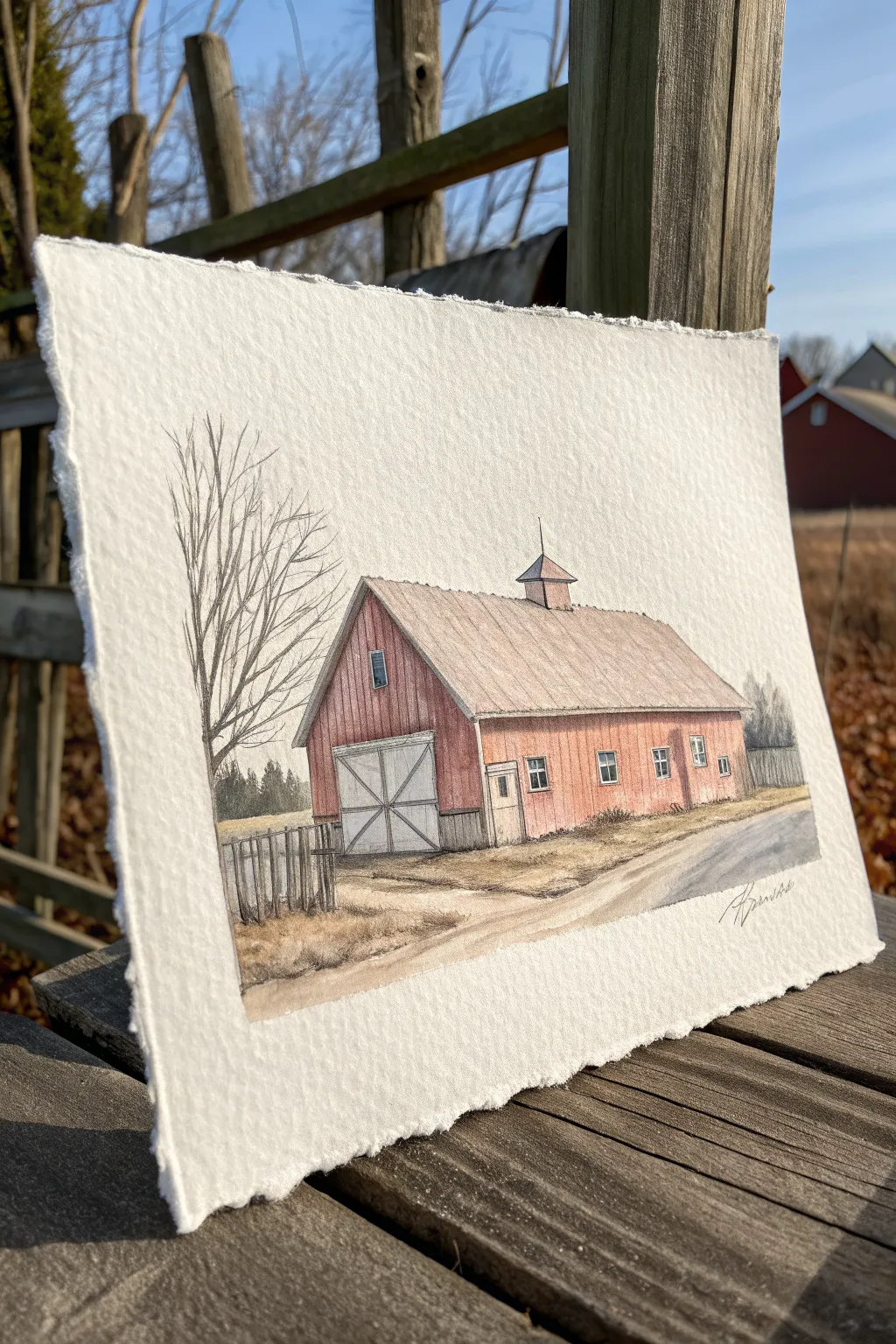 Paint a cozy barn corner in two-point perspective with a simple fence for depth and charm.