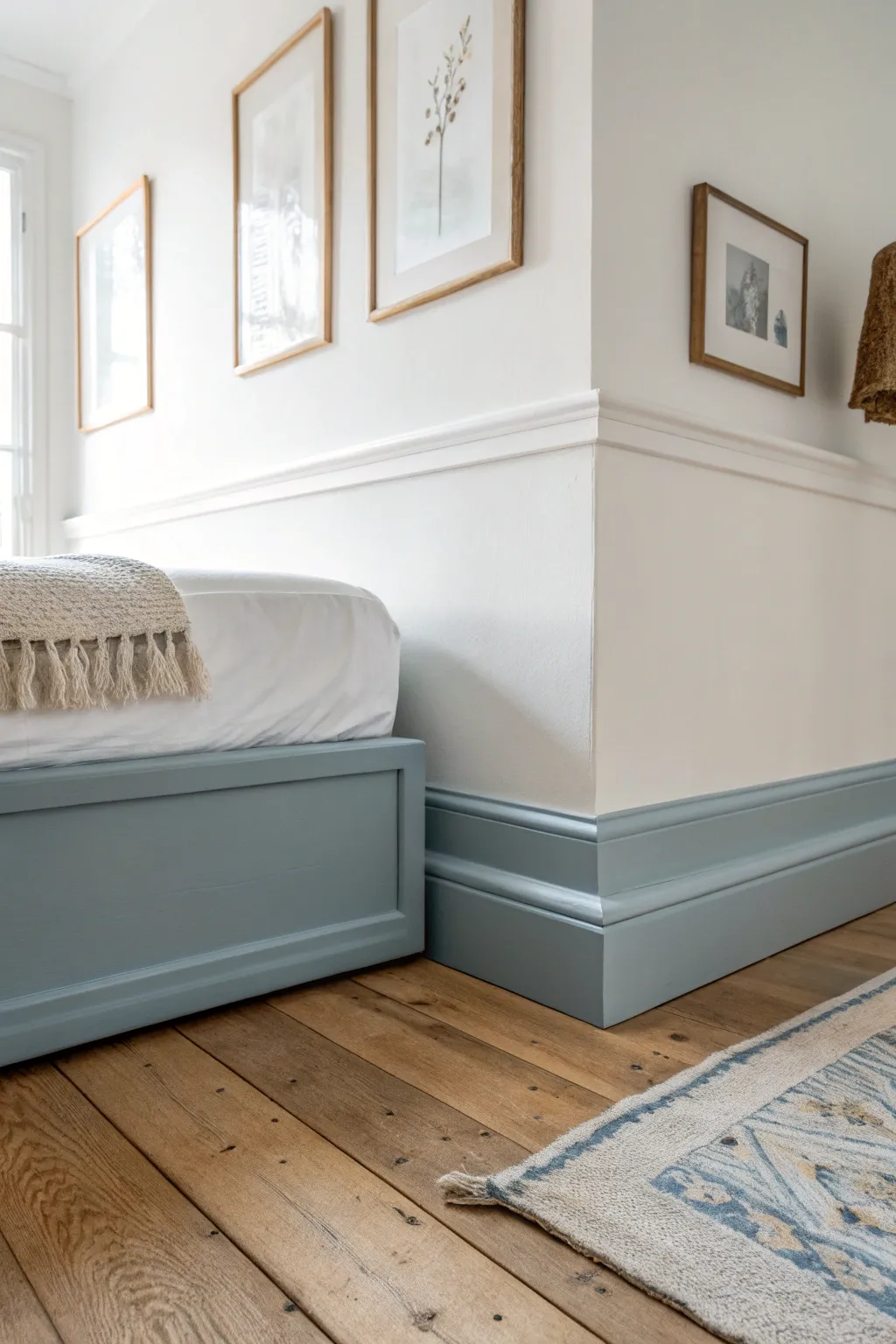Dusty blue baseboards bring airy calm and contrast to warm white walls for a breezy look