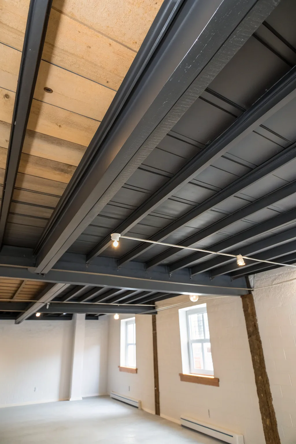 Unify beams and ducts in one matte shade for a clean, intentional industrial basement ceiling.