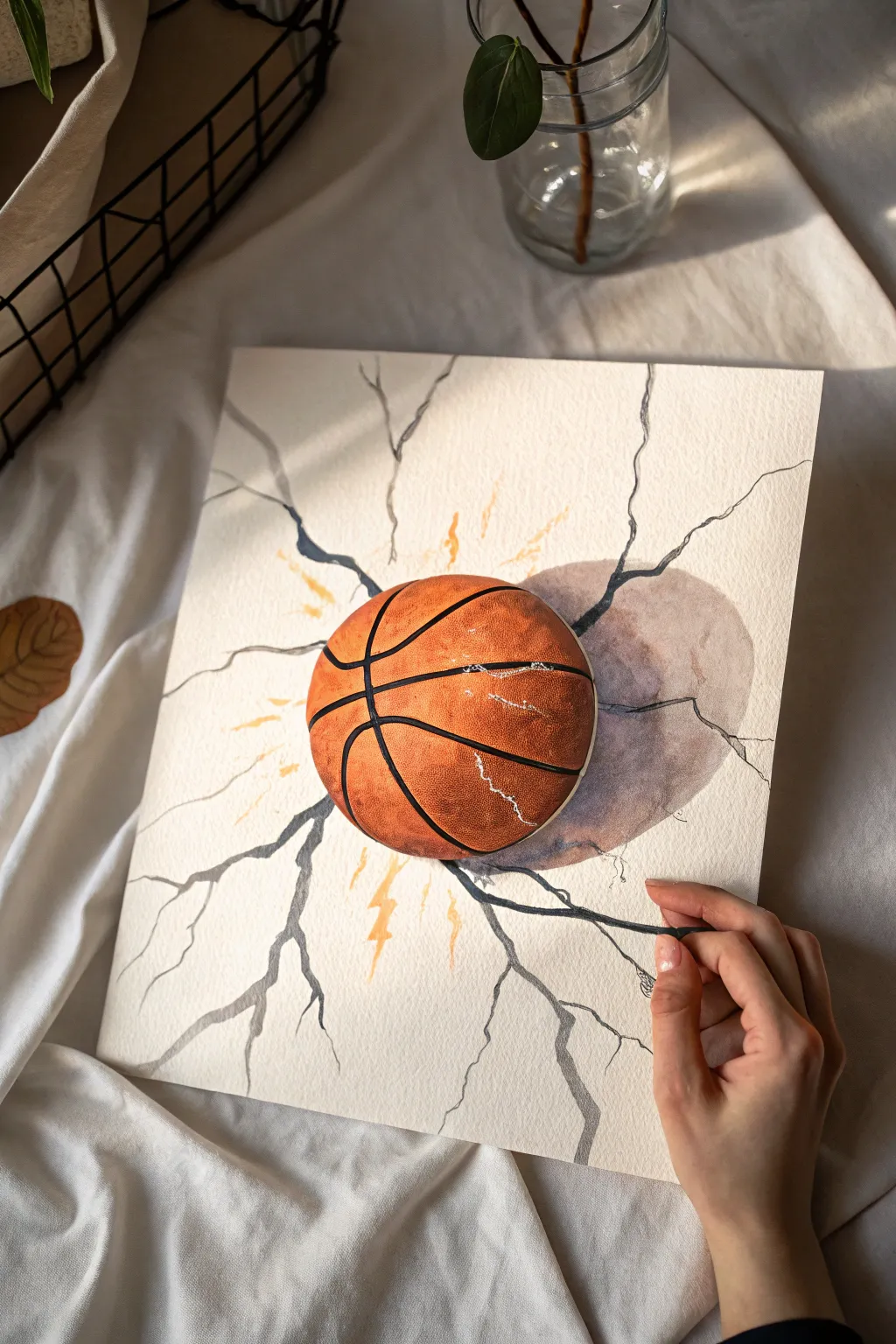 Basketball impact crack effect: bold contrast, minimalist Scandinavian palette, handcrafted texture