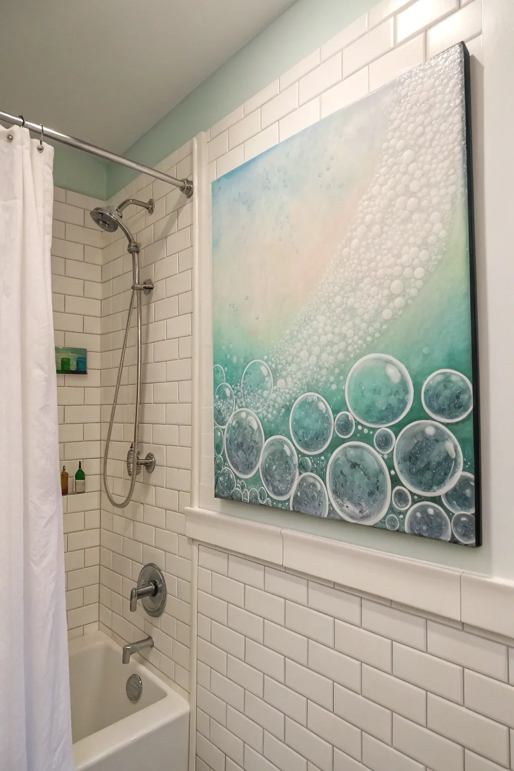 Soap bubble ombre canvas art that brings airy spa calm and modern boho softness to your bathroom