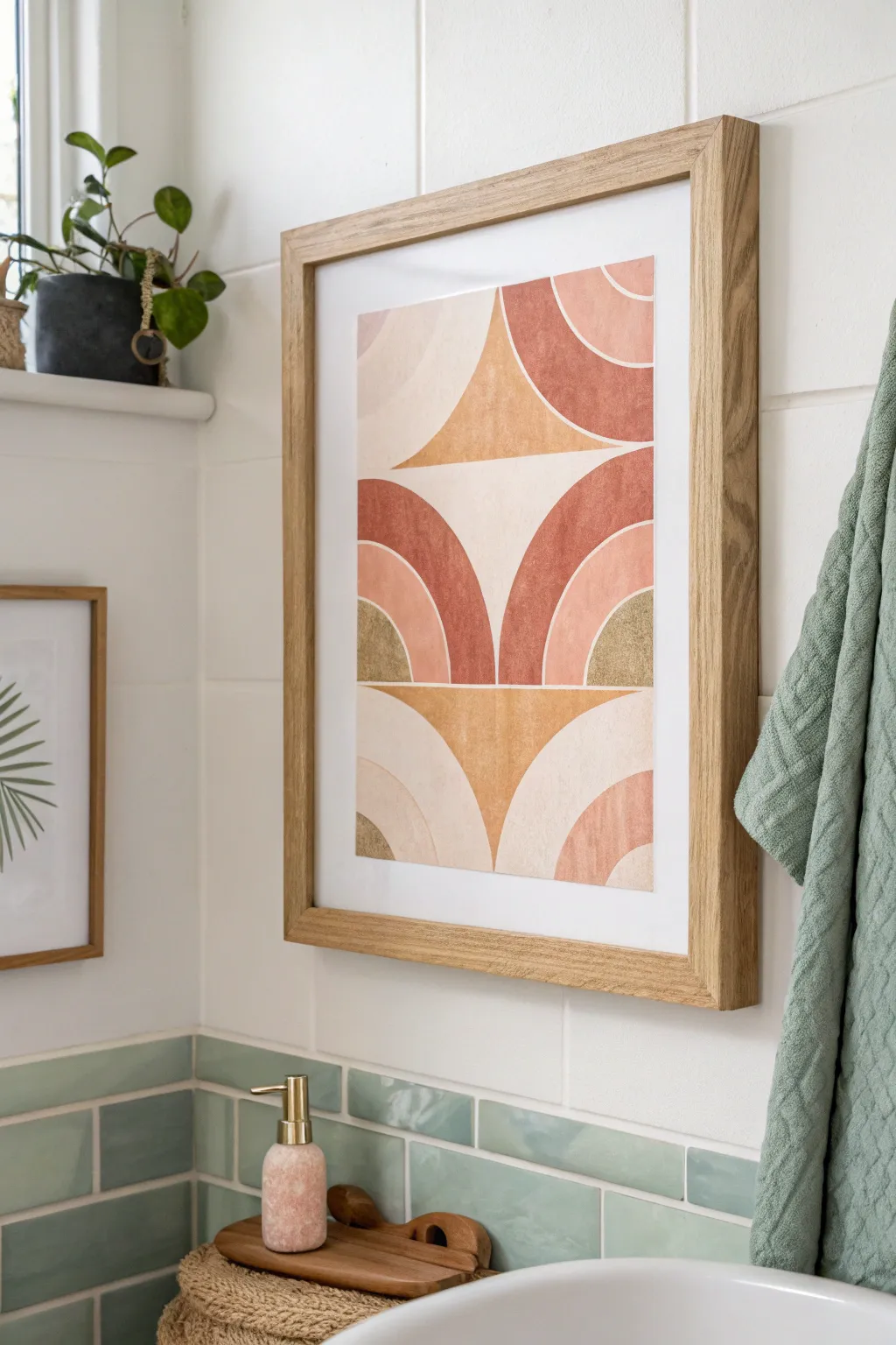 Soft abstract shapes in tile-matching tones bring calm, cohesive color to bathroom walls.