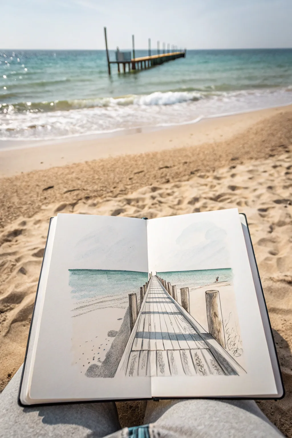 Minimalist pier sketch in one-point perspective for a calm beach-afternoon drawing idea.