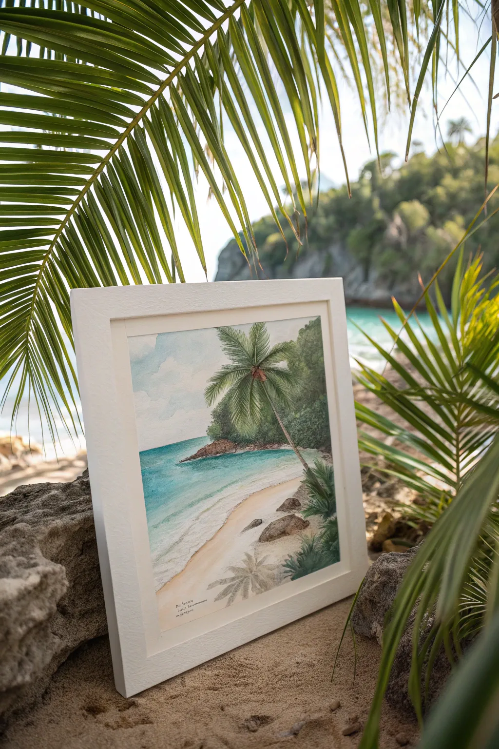 Minimal watercolor of a palm-framed tropical cove with turquoise water and soft sand.