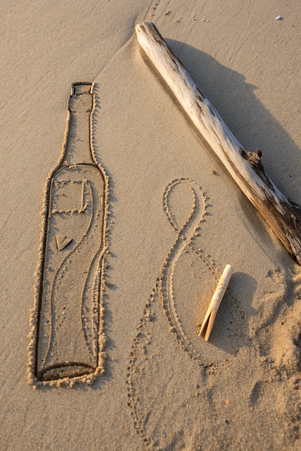 Simple message-in-a-bottle outline in wet sand, with driftwood for calm beach mood