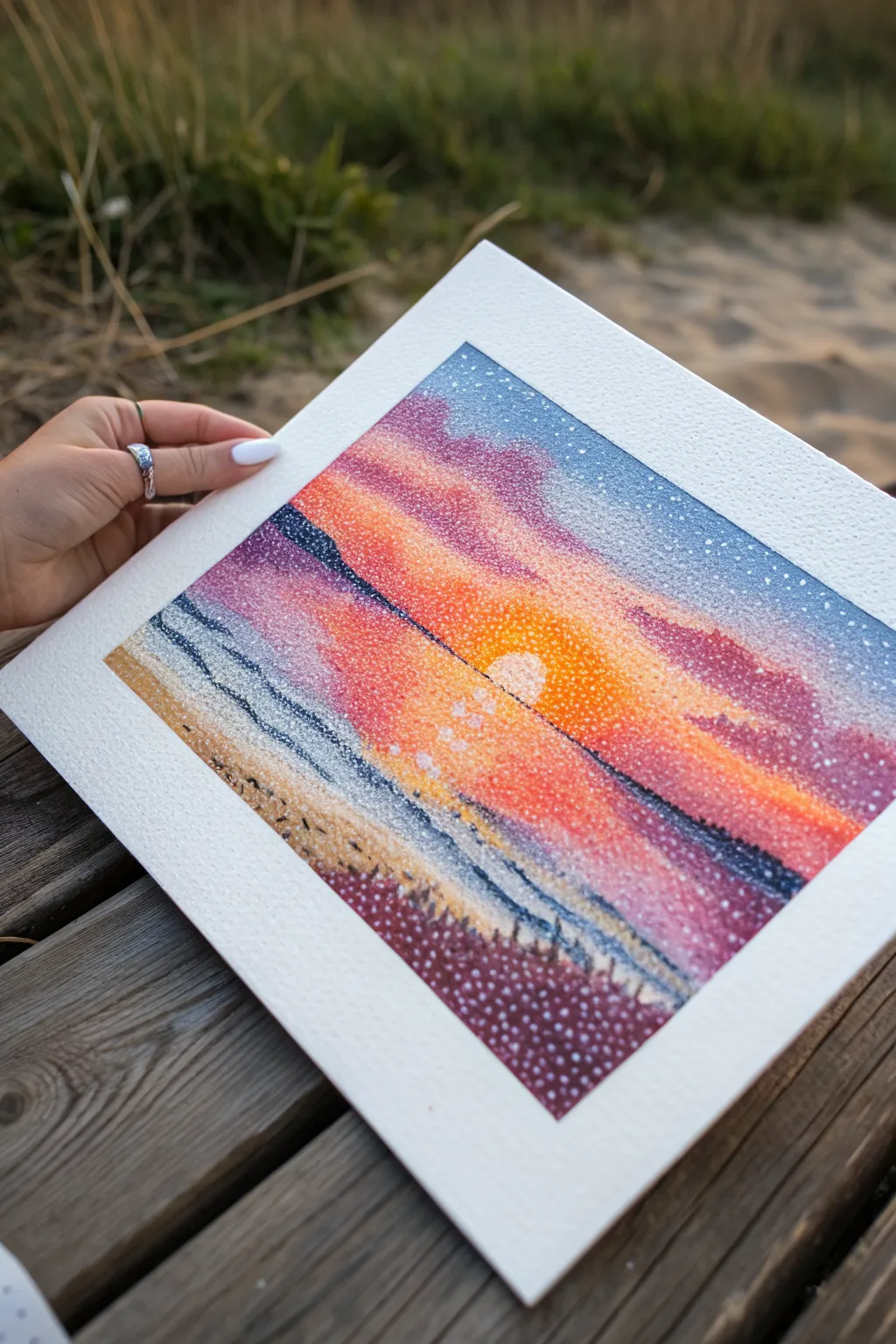 Sunset ombré bead pointillism with extra shimmer near the horizon for golden-hour magic