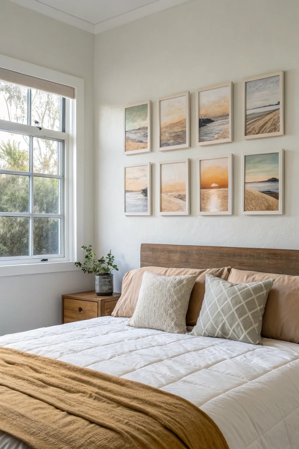 Calm mini canvas grid above the bed in creamy neutrals and muted sage for serene style.
